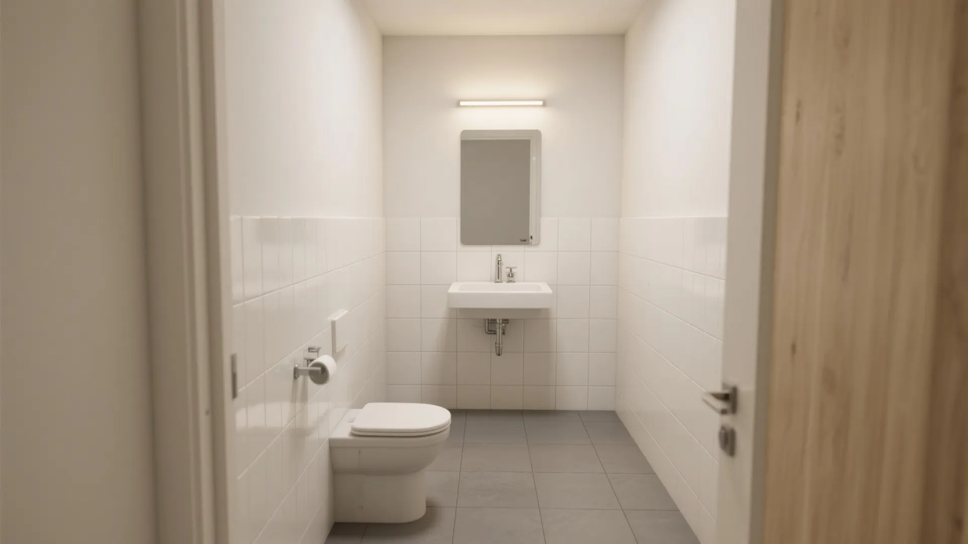 Inspiration 1: Soft Contrast—Pale Grey Field Tiles + Crisp White Subway