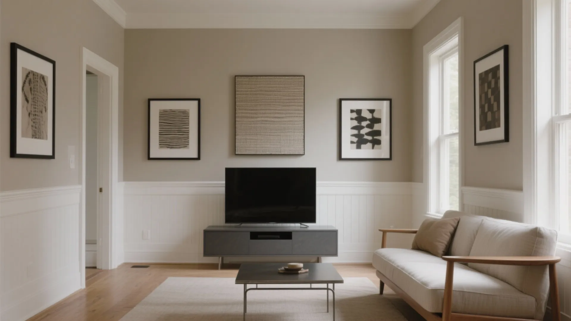 Modern living room with grey cabinet television white wall panel wooden floor and comfortable white sofa