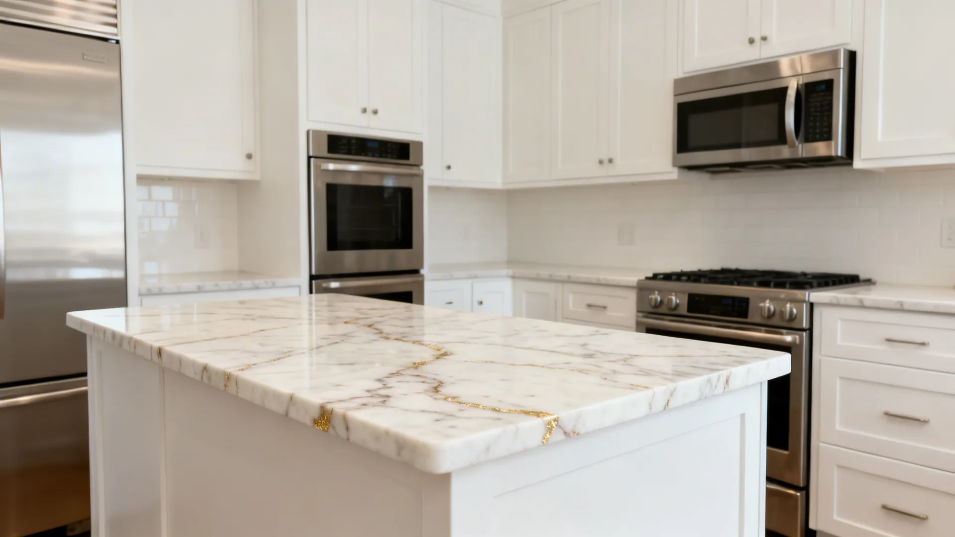 Small white kitchen with a creamy veined countertop and matte white cabinetry.