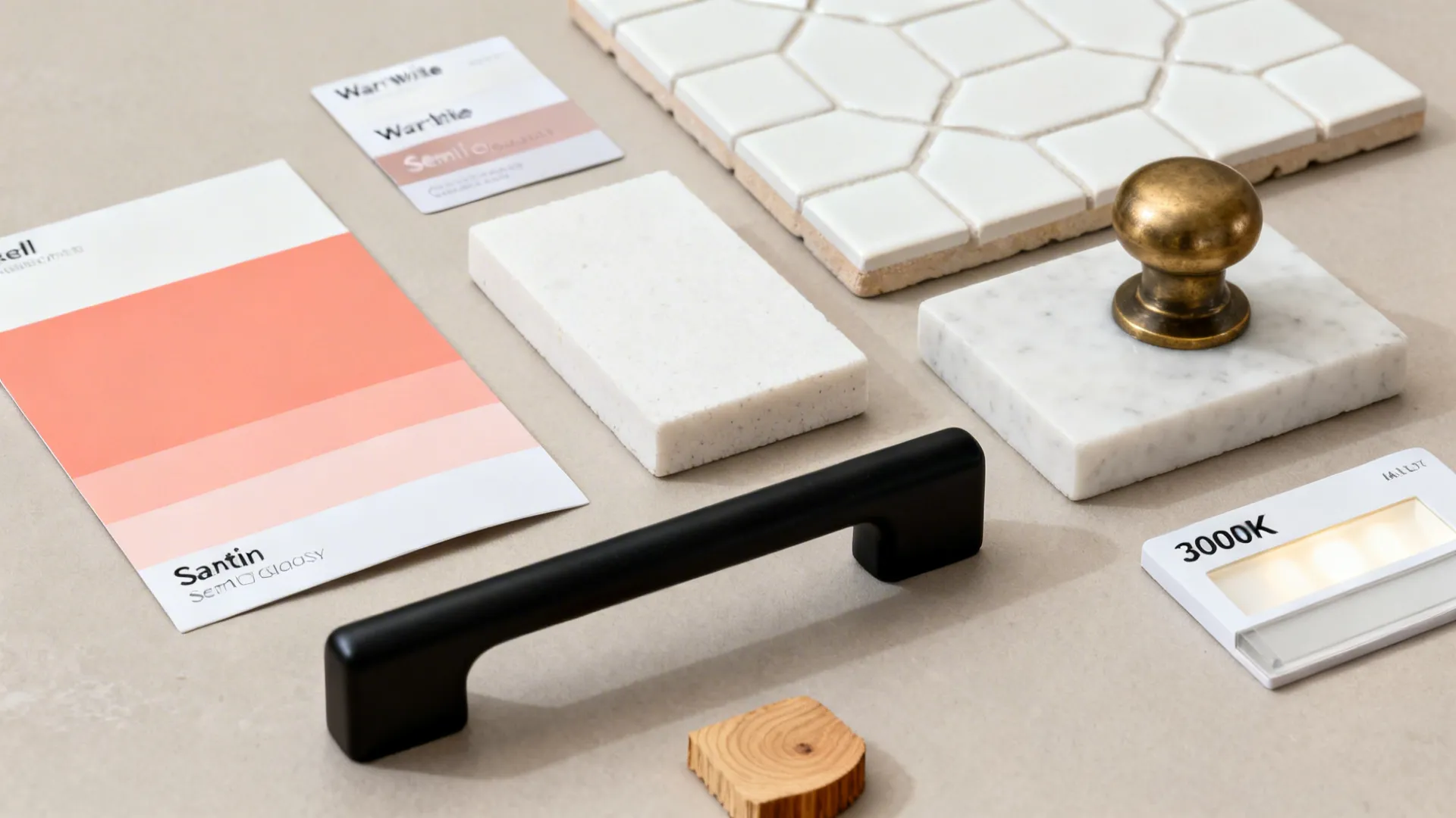 Flat lay with soft coral and warm white swatches, quartz, zellige, and hardware.