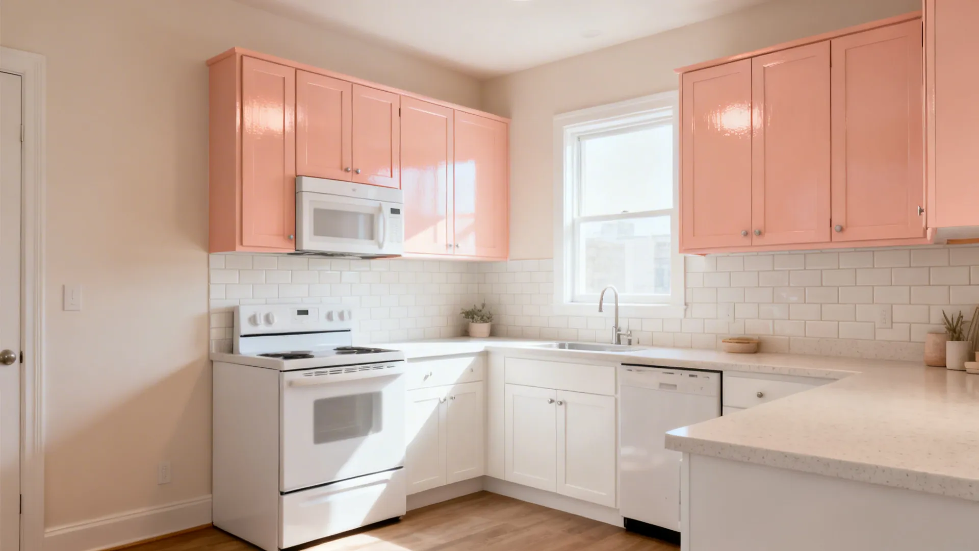 Studio kitchen with soft coral uppers and warm white lowers creating a bright, calm look.
