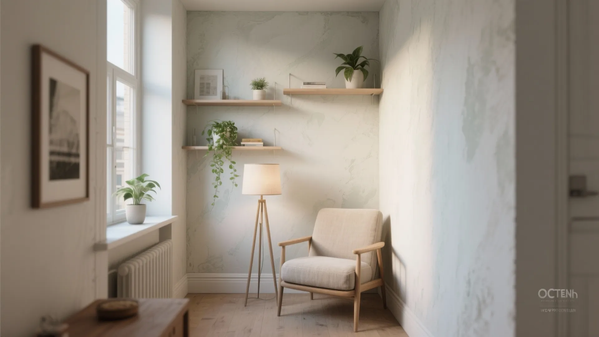 Small apartment corner with a soft limewash accent, armchair, lamp, and natural textures.