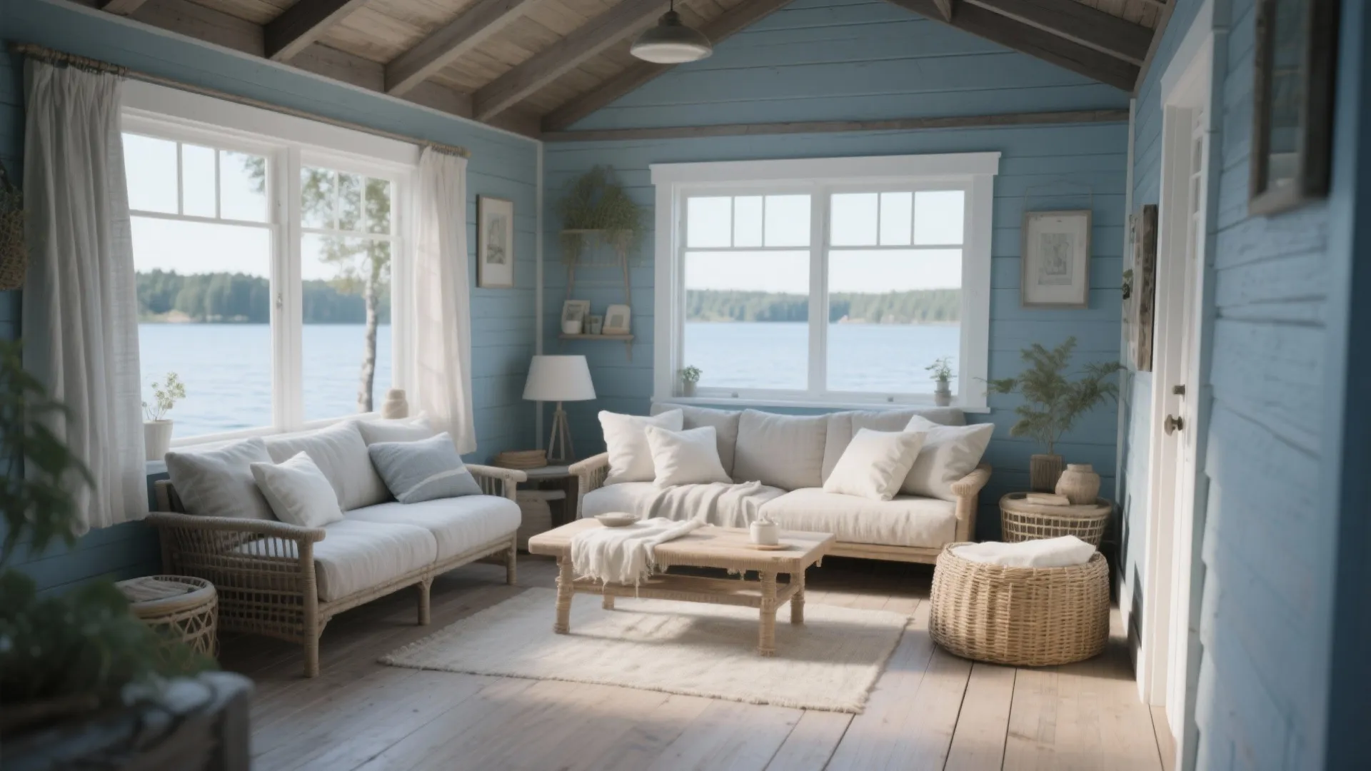 Blue cottage living room with white sofas, wooden coffee table, large windows, and lake view