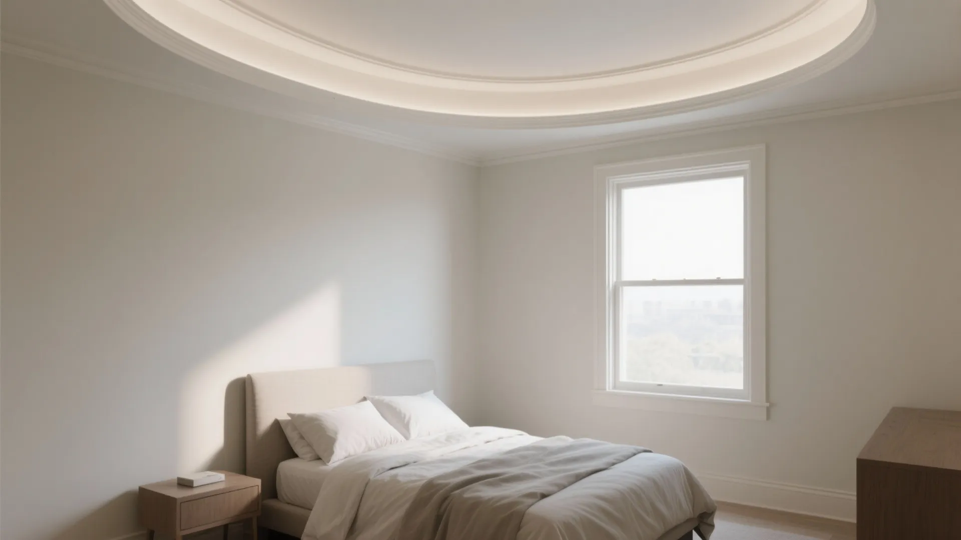 North-facing bedroom with smooth cove crown that brightens the ceiling line.