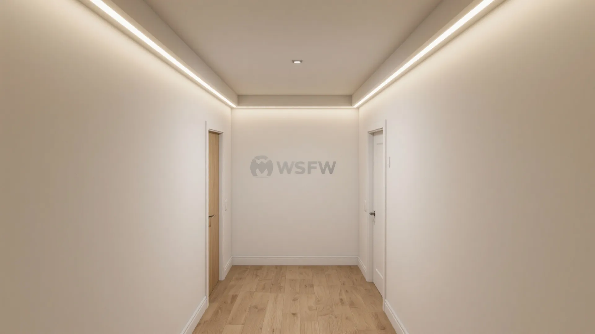 Small hall with slim perimeter cove lighting creating a floating ceiling effect.
