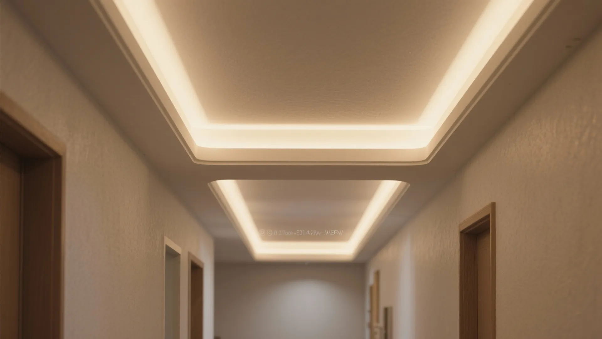 Two-depth cove lighting guiding the L-turn with warm, glare-free illumination.