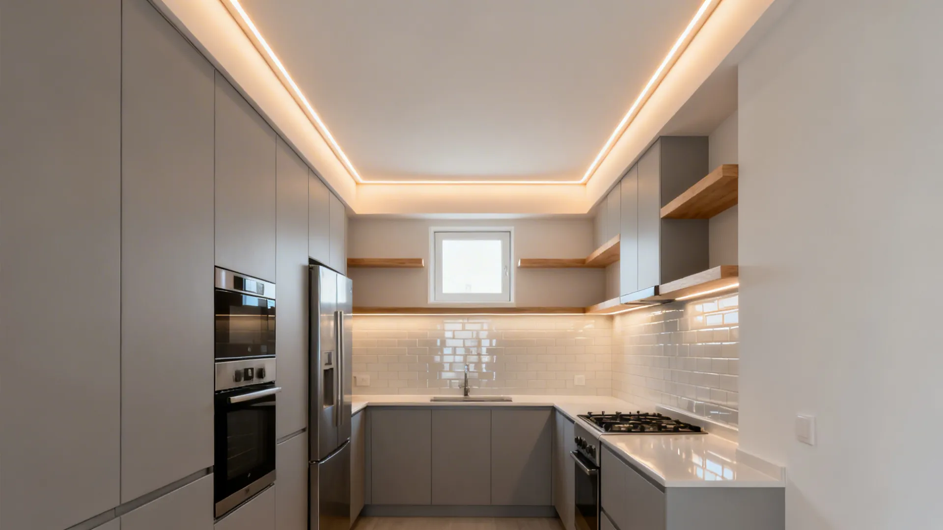 Modern grey kitchen cabinets with white tile backsplash wooden shelves and hidden ceiling led light strip