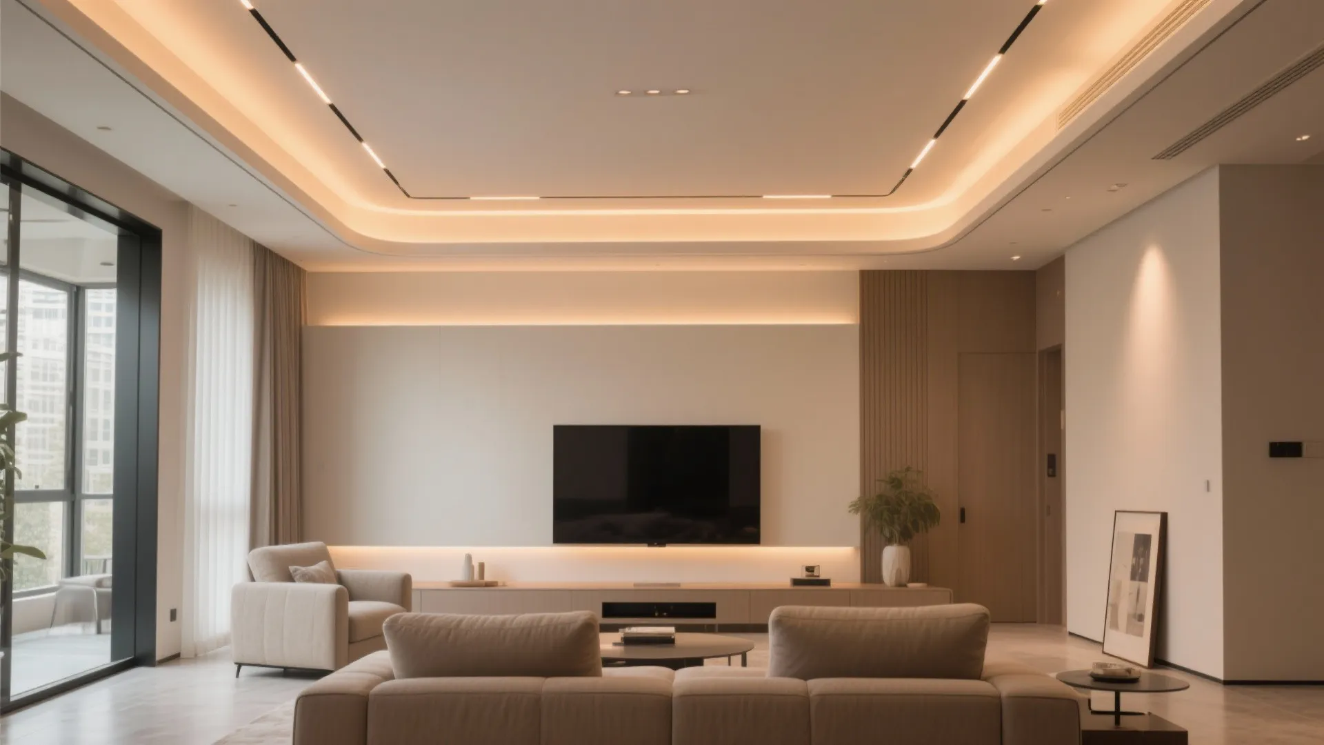 Modern living room with large television on white wall panel and warm hidden light ceiling