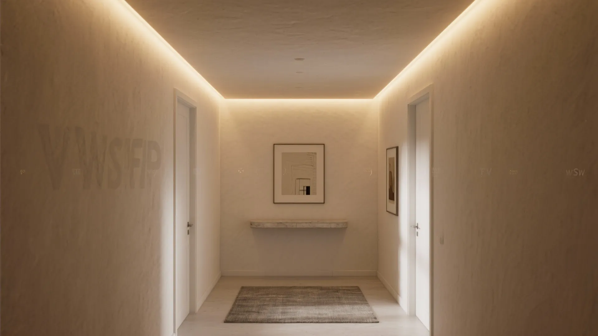 Small hall with a soft cove POP ceiling and warm indirect perimeter lighting.