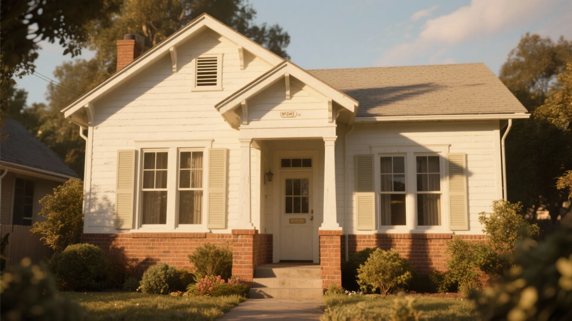 Small white house with brick base green bushes front porch and windows on sunny day