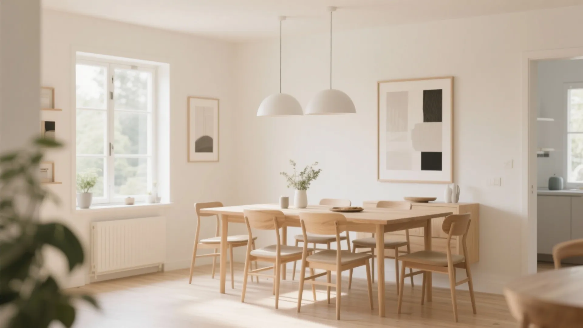 Soft cream dining room with minimalist art and oak furniture