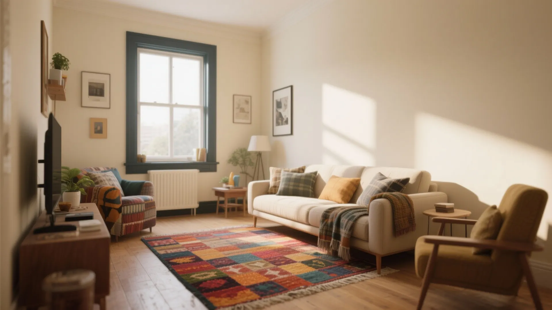 Cozy living room featuring cream sofa colorful pattern rug blue window frame wooden floor paintings