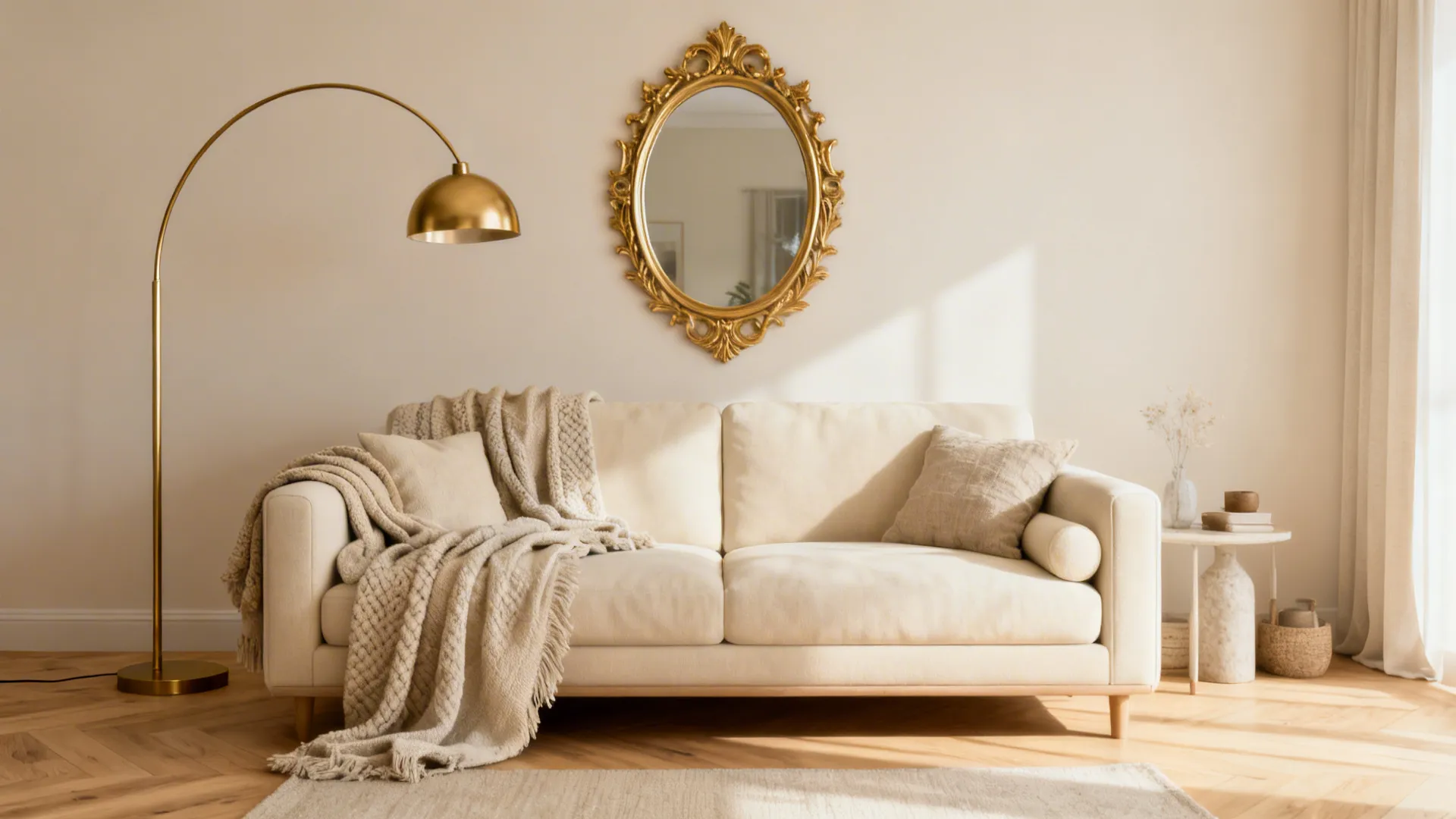 Small family room with cream sofa, brass arc lamp and gold-trimmed mirror creating a curated airy look.