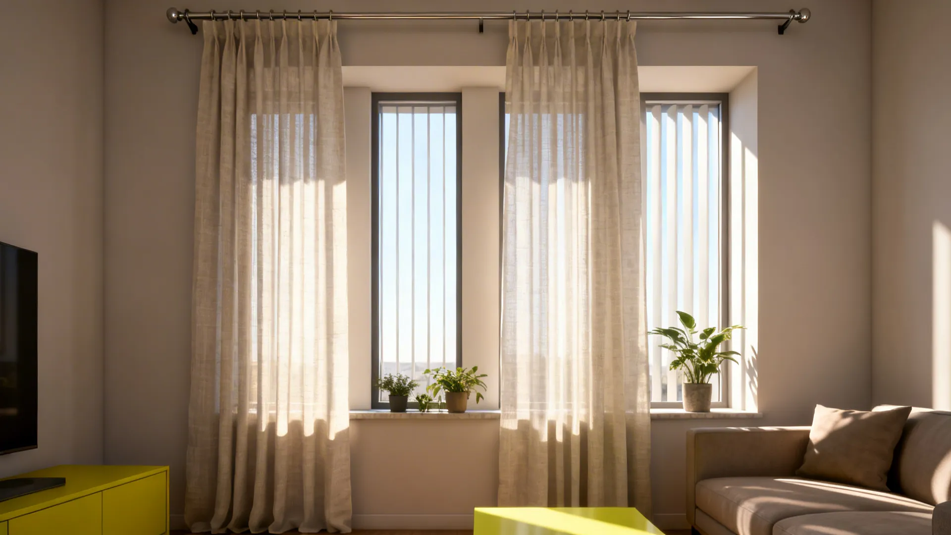 Airy linen curtains hung high with sunlight filling a small living room.