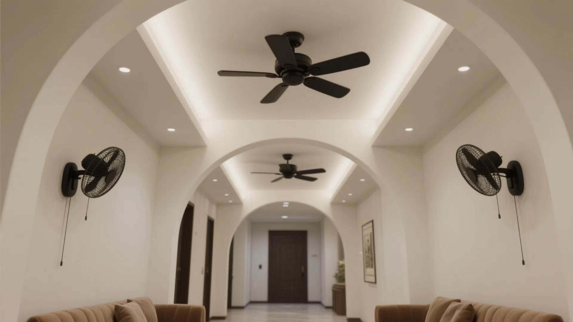 Modern white hallway with arched doorways black ceiling fans wall fans and light brown sofa