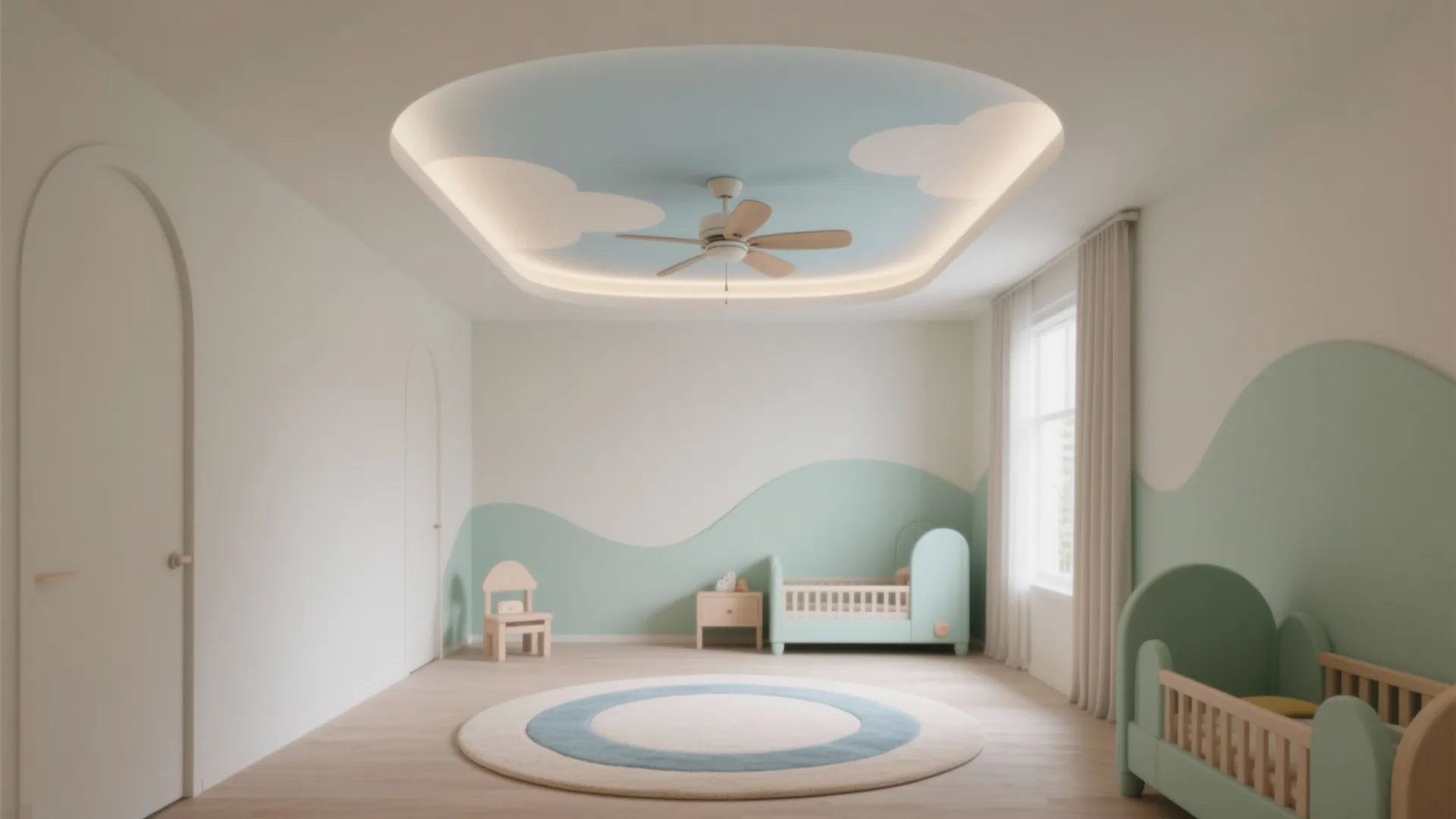 Modern kids bedroom featuring cloud ceiling fan green wall panels baby crib and round rug