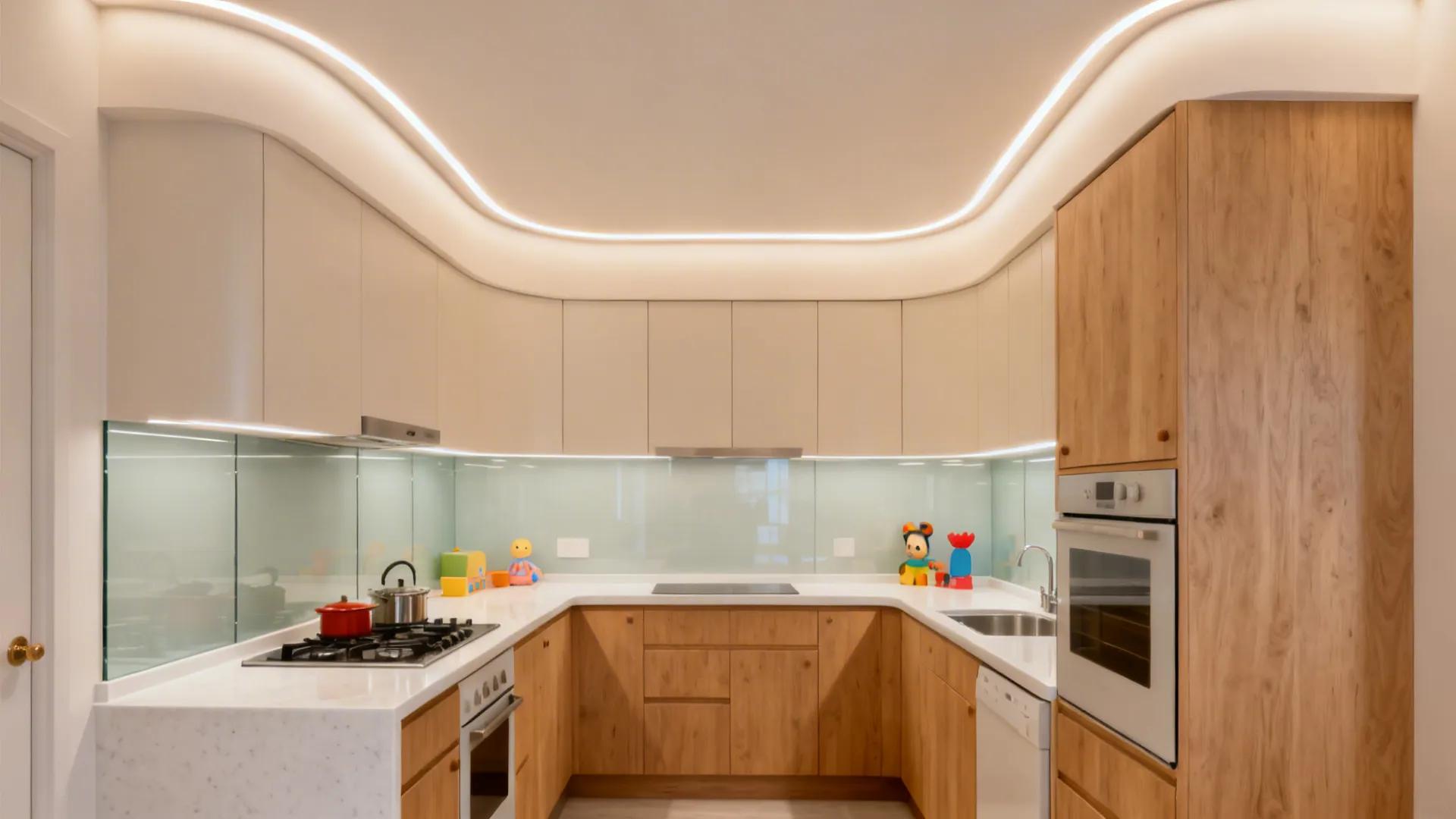 Small kitchen with gently curved ceiling and micro-cove LED halo lighting.