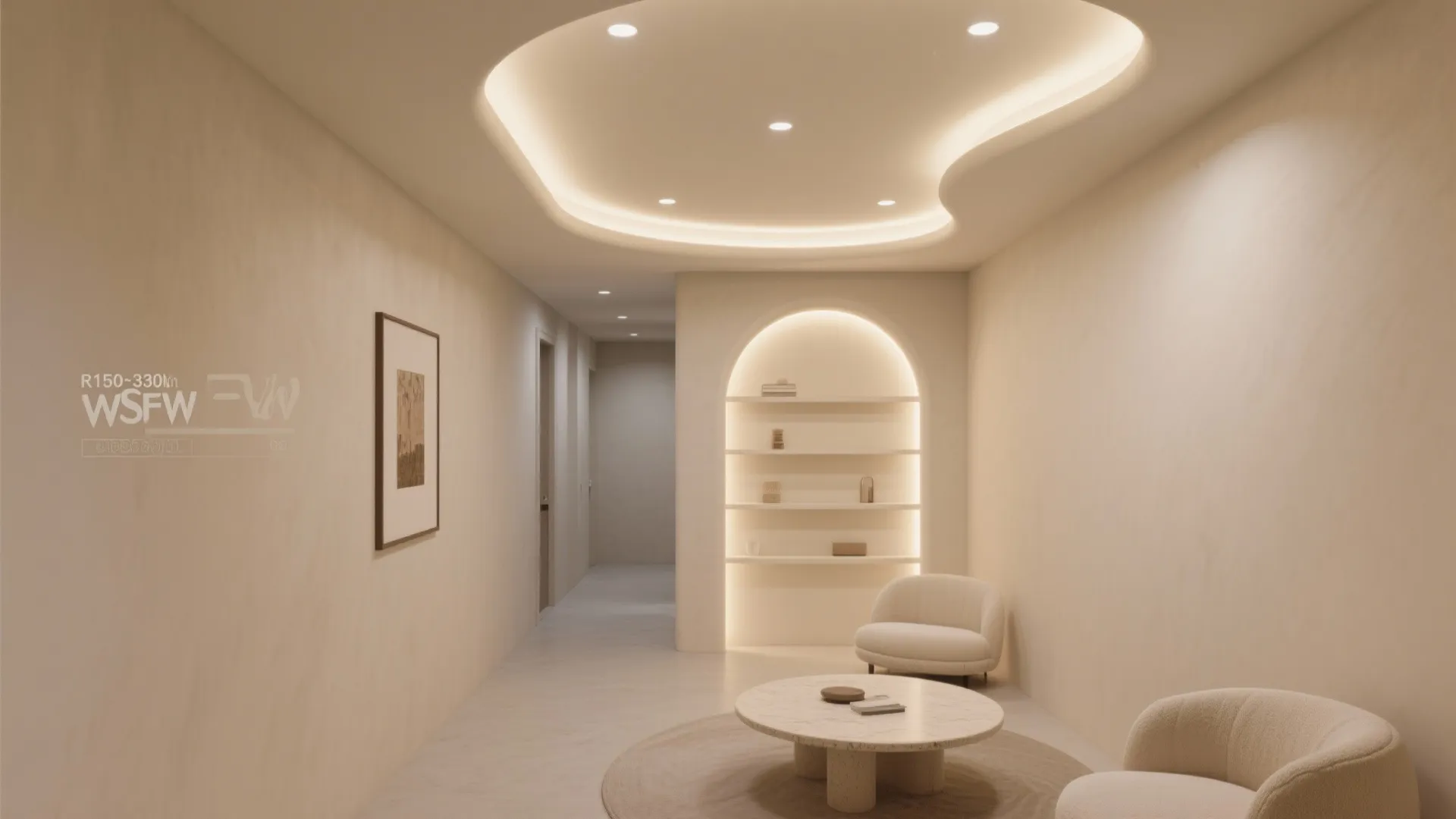 Modern hallway design featuring curved ceiling lights white walls and an arched built in shelf