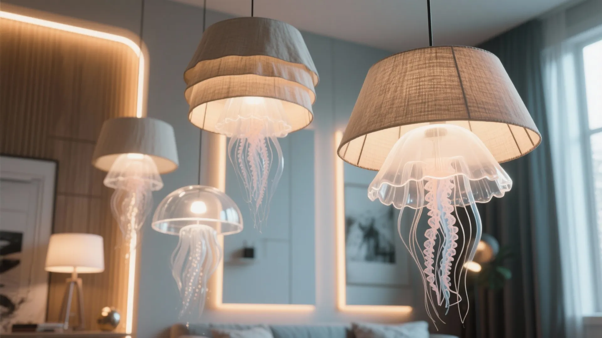 Close-up of fabric lampshade and frosted glass with jellyfish-like glow