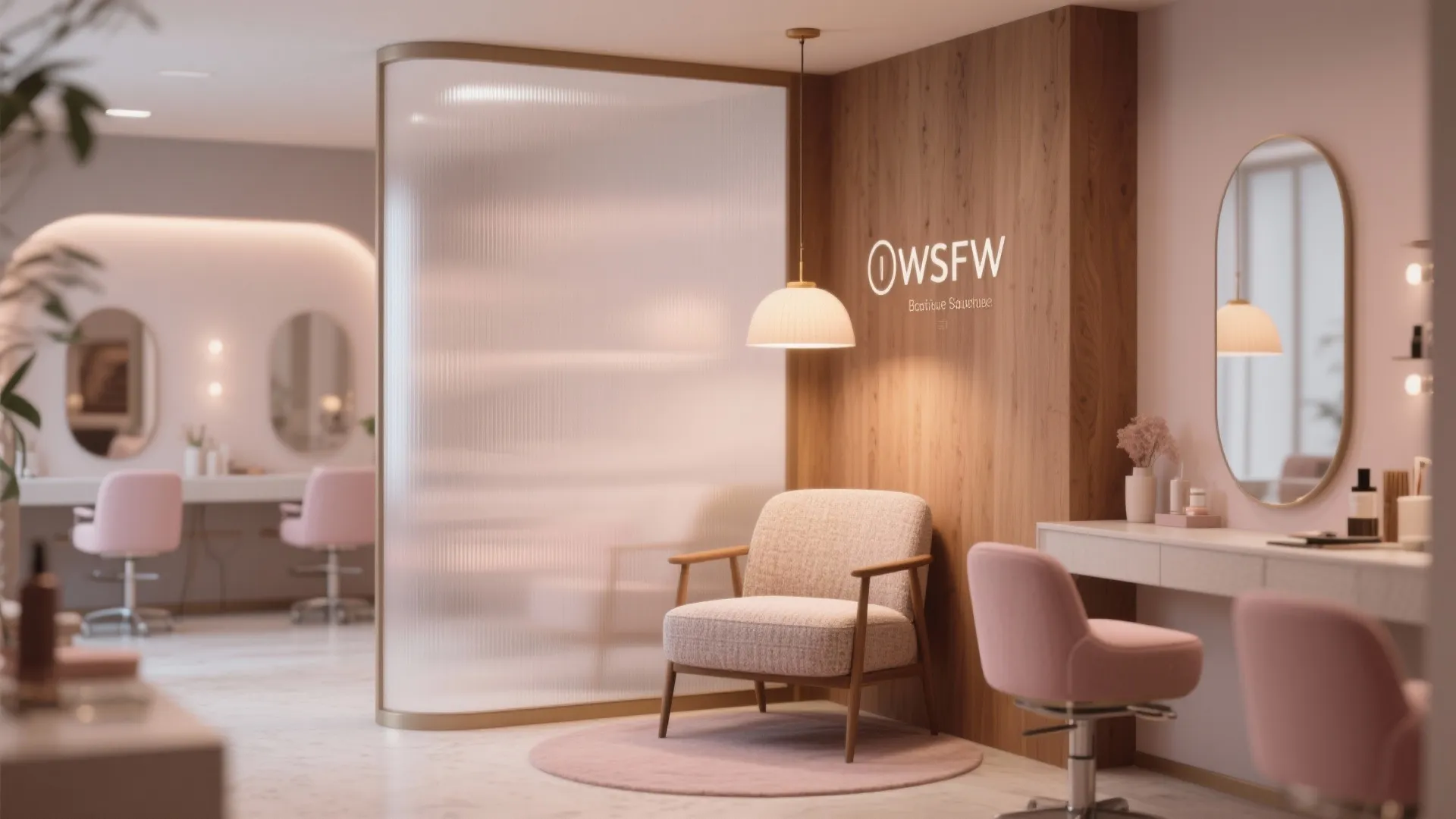 Modern beauty salon lounge with glass partition pink chairs wood wall ceiling light and mirror