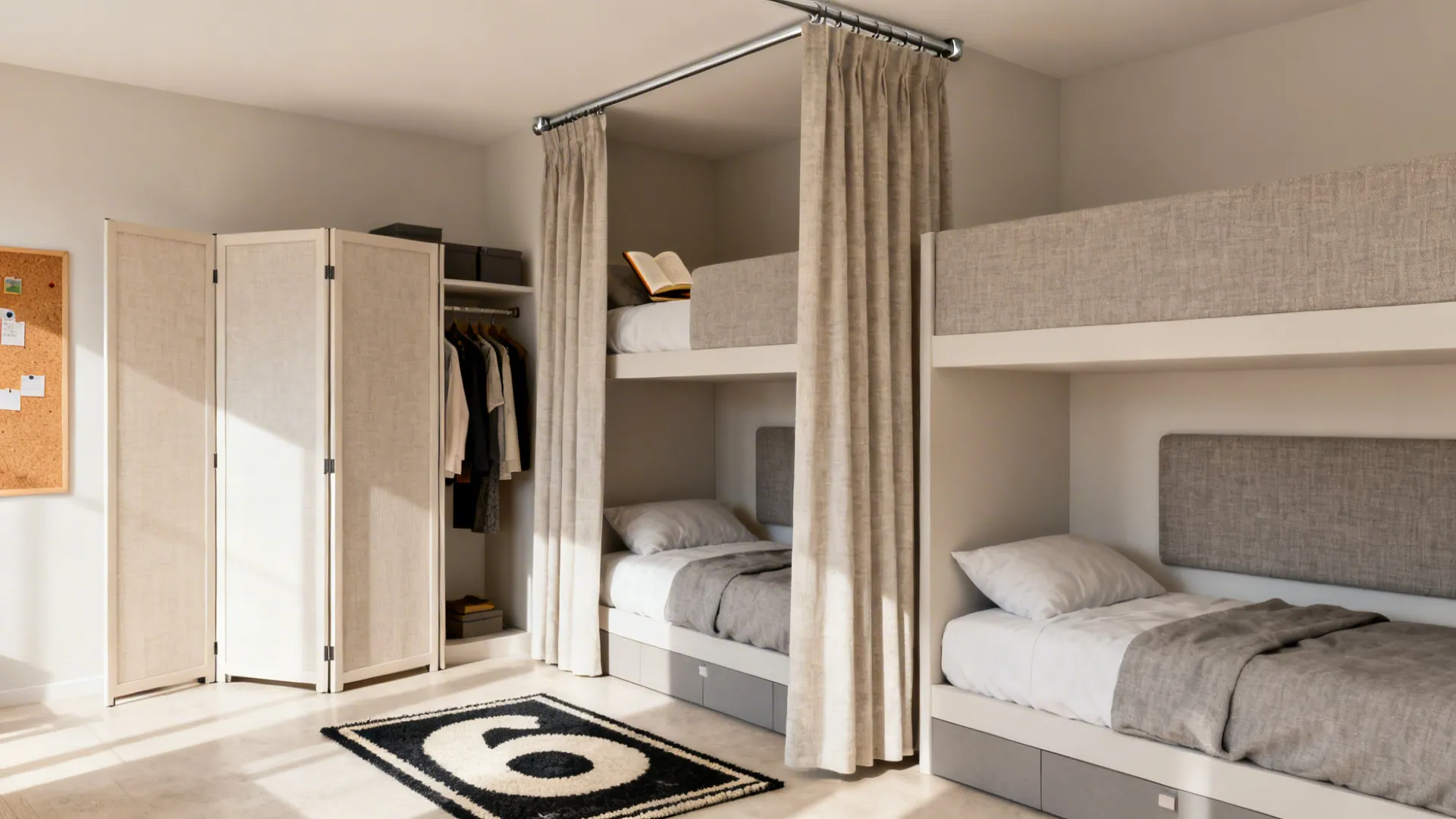 Ceiling-mounted curtain dividing bunks with a folding screen by the wardrobe and acoustic touches like rug and cork.