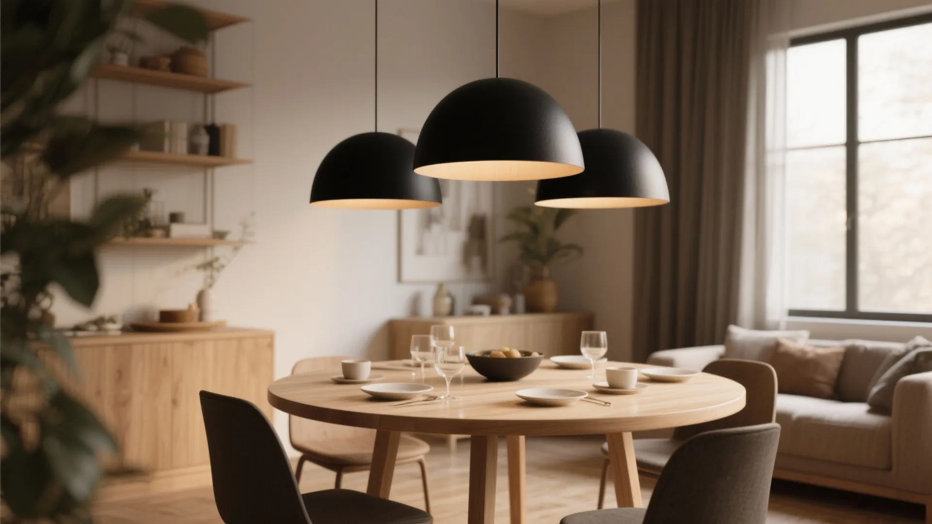 Round oak dining table under matte black dome pendants