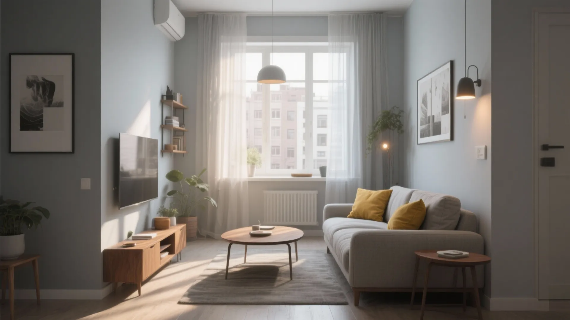 Bright living room with grey sofa wooden coffee table television stand and large window with curtains