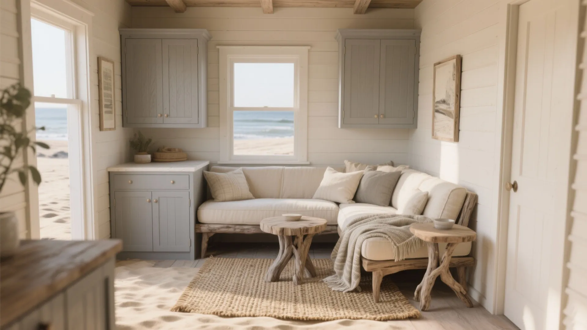Small sitting nook with soft driftwood neutral walls, woven rug, and textured linens.