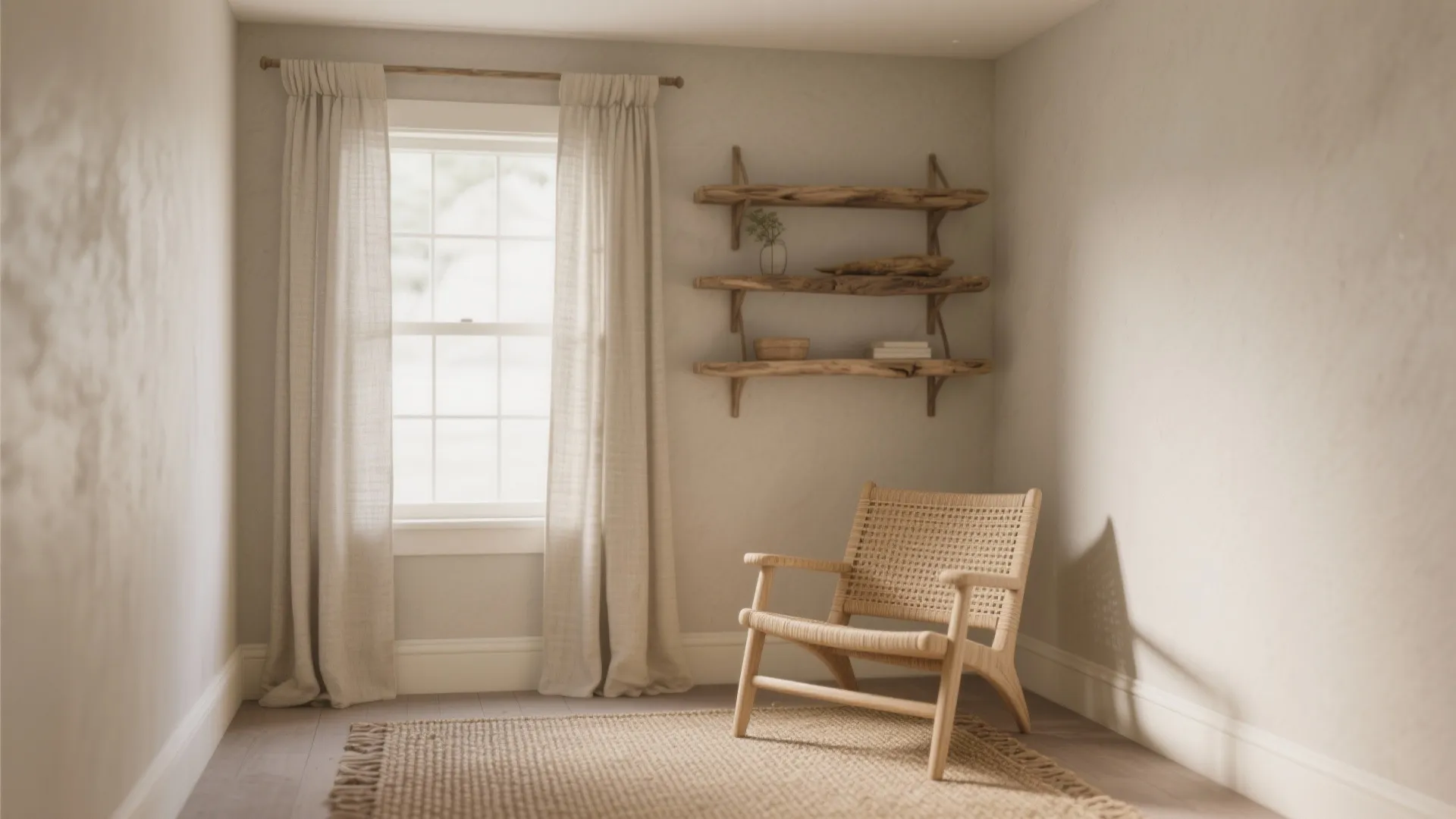 Minimalist room with wooden chair, rug, curtains, window, and wall shelves made of natural wood