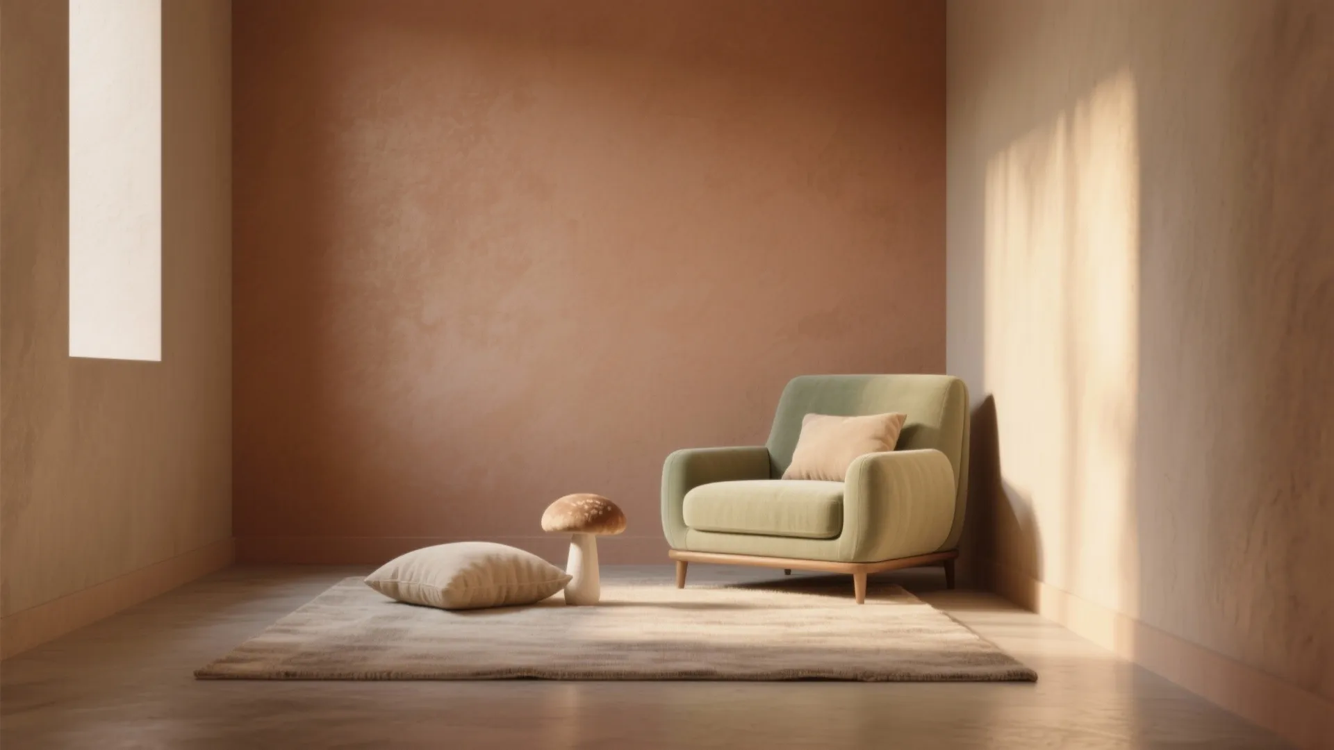 Minimalist room with light green armchair on rug beside orange wall under soft natural light