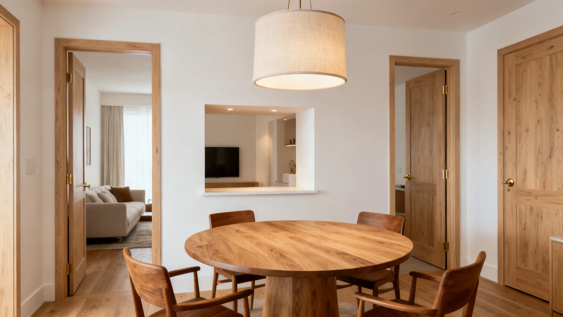 Round wooden dining table with chairs under a large white ceiling light in a house