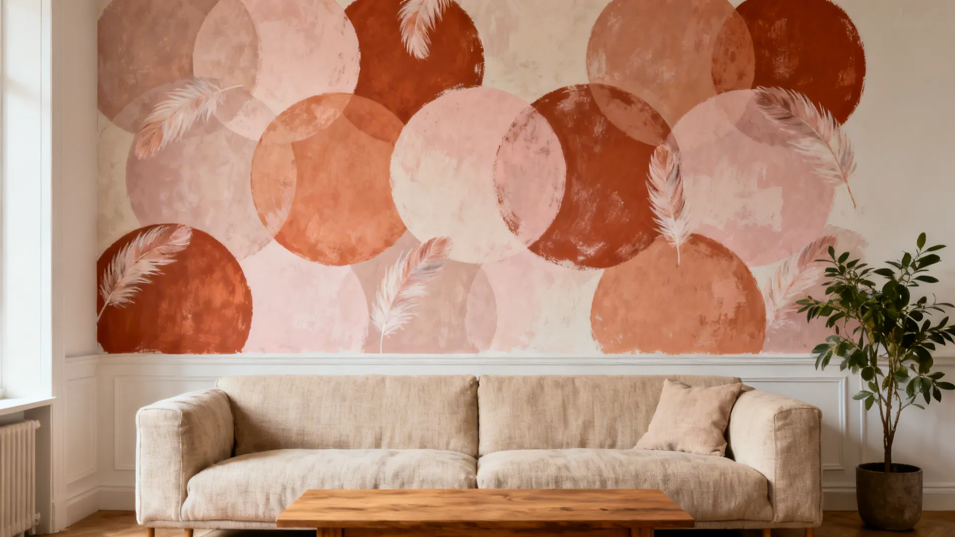 Living room mural with overlapping soft-edge terracotta and blush circles above a sofa.