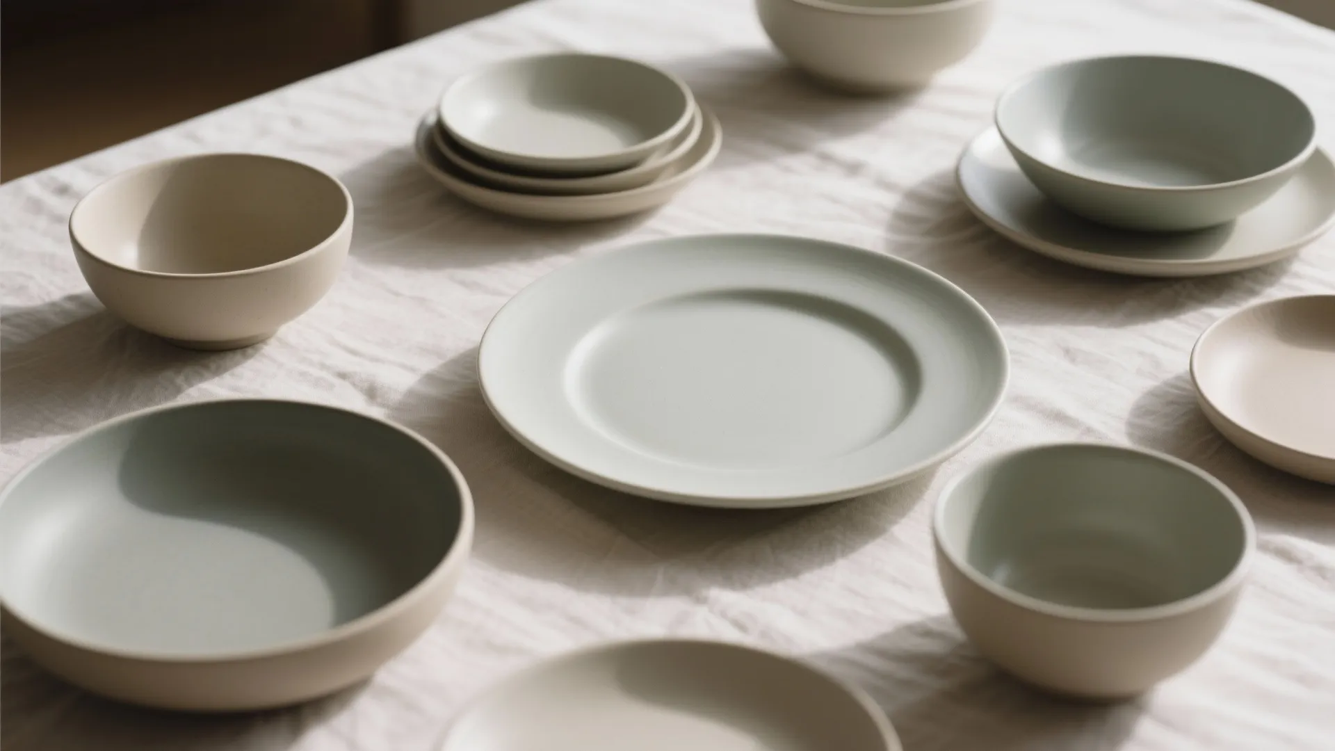 Minimalist beige and green ceramic plates and bowls set on a white fabric dining table