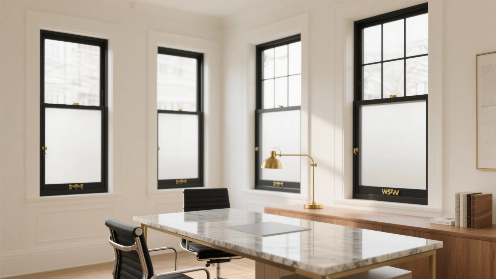 Modern home office with marble desk black office chairs gold table lamp and large windows