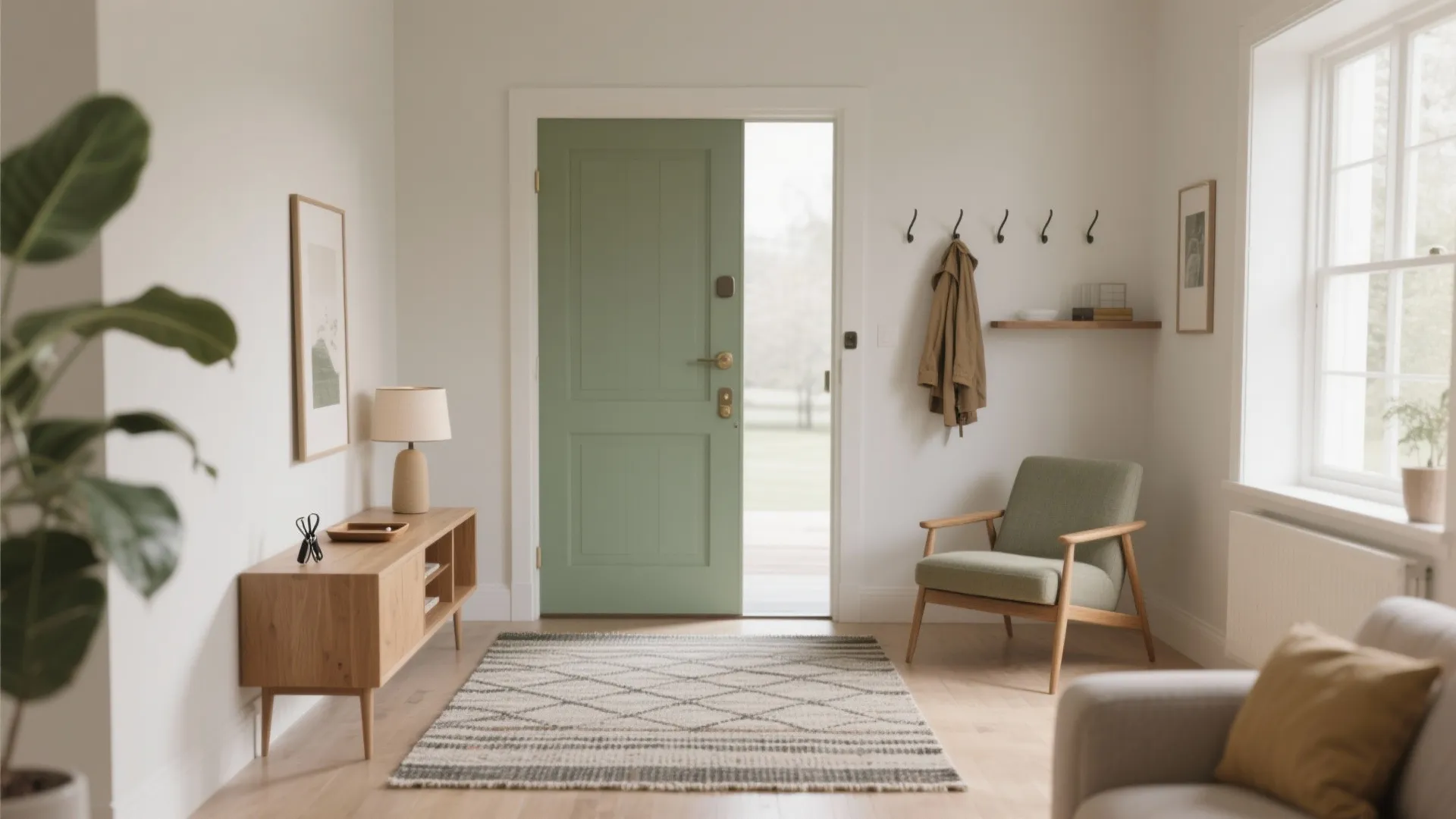 Bright home entrance with green door wooden cabinet small armchair wall hooks and patterned rug