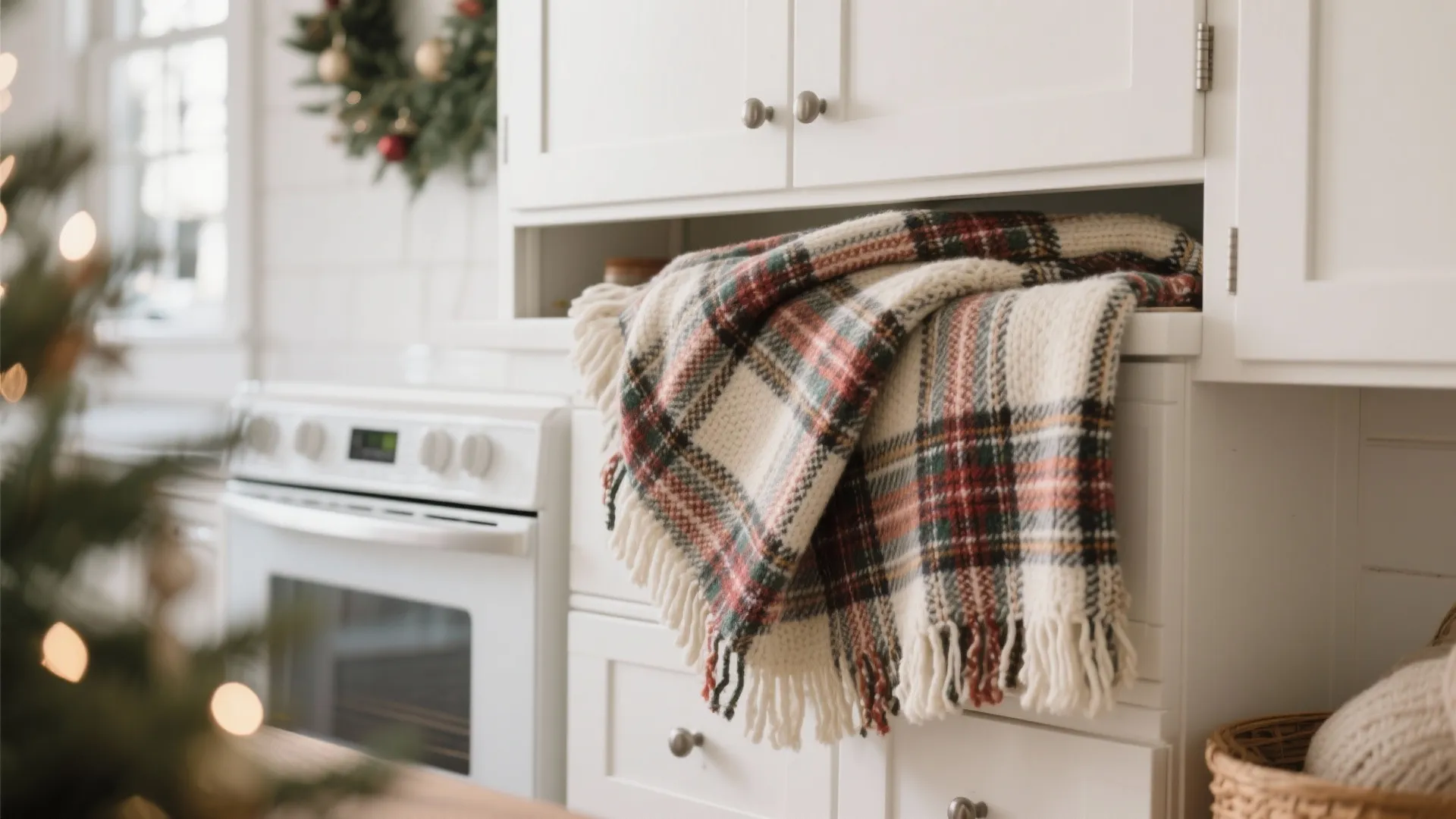 Cozy white kitchen drawer with a plaid wool blanket folded inside near a white stove