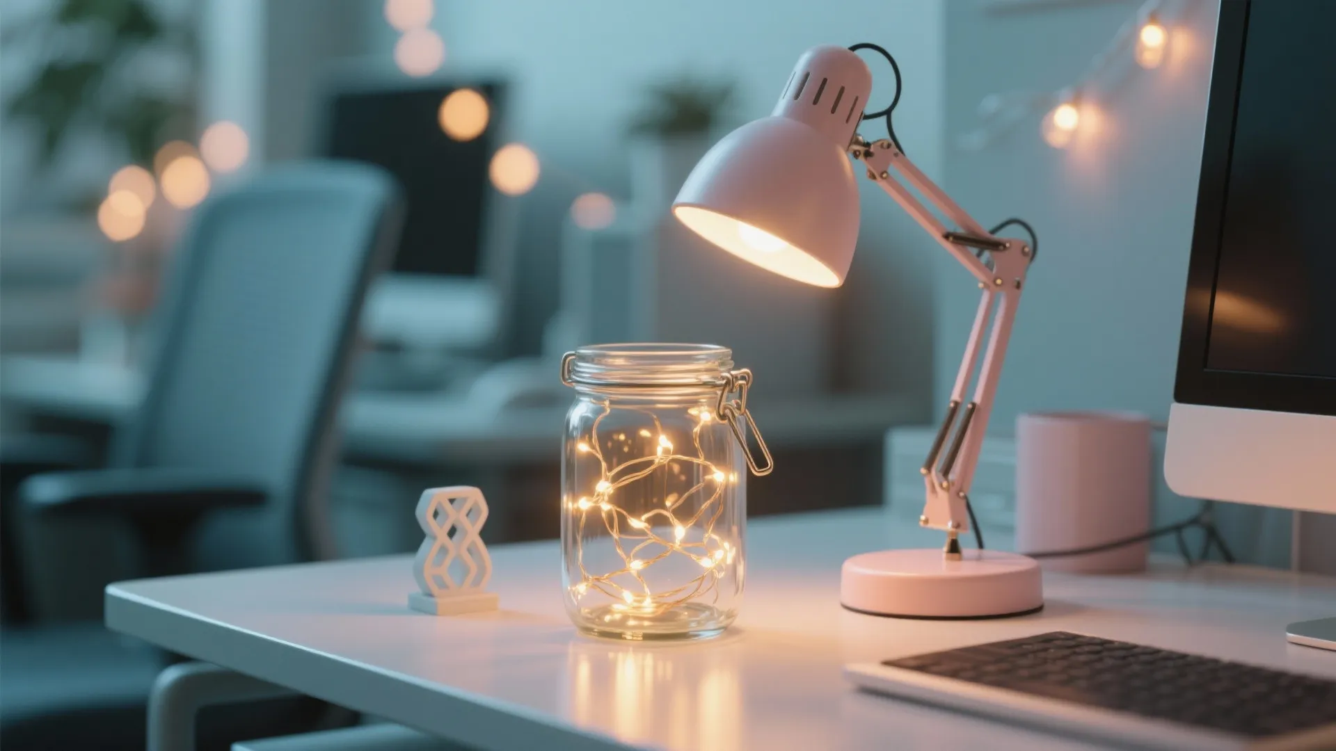 Glass jar with small fairy lights and pink desk lamp on a white office desk