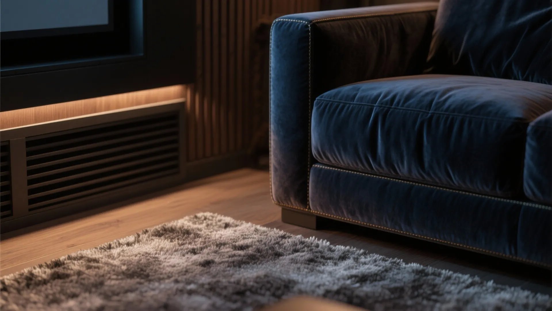 Close up of a blue velvet sofa on a rug with warm lighting and wood