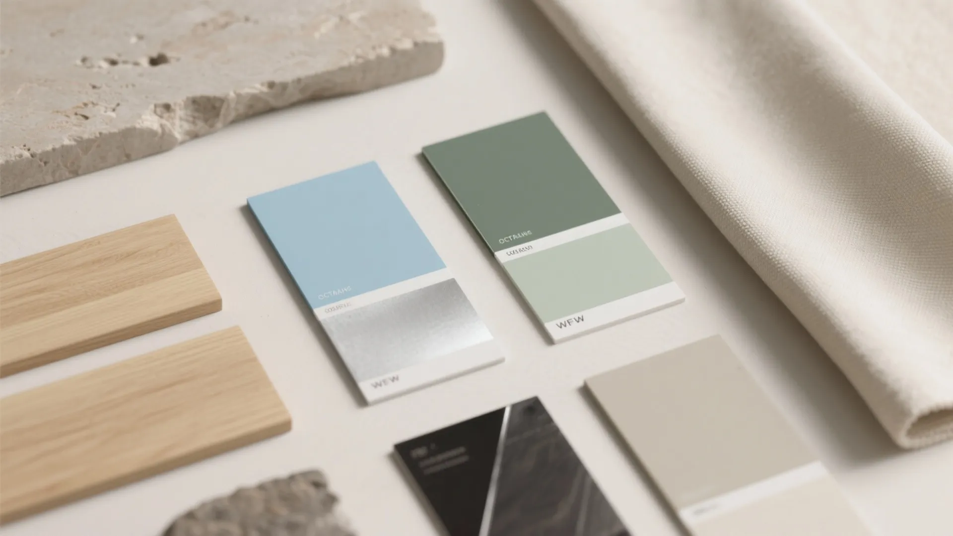 Color swatches wood samples stone pieces and beige fabric arranged on a white background table surface