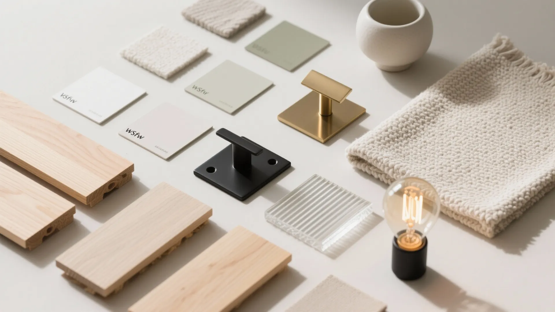 Interior design material samples including wood planks, fabric, paint cards, metal handles and light bulb
