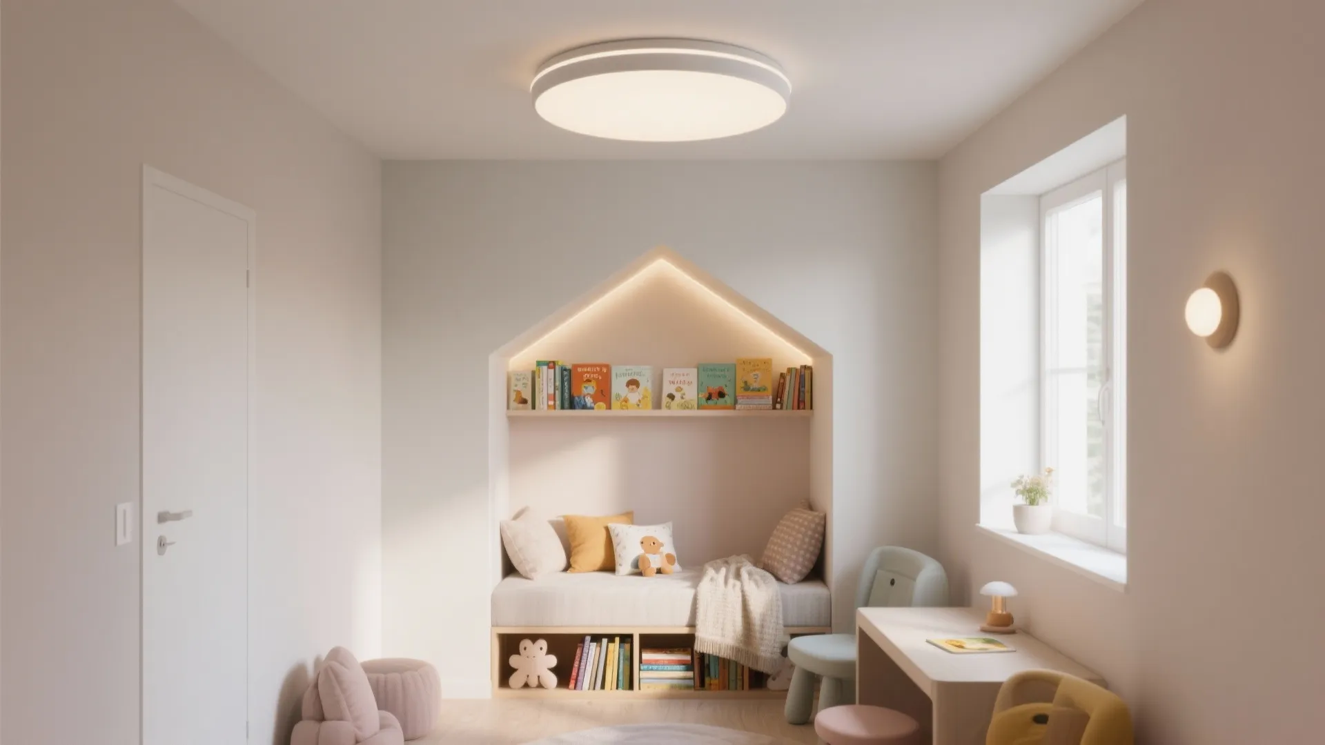 Modern kids room with white ceiling light house shaped bookshelf reading corner and cozy small furniture