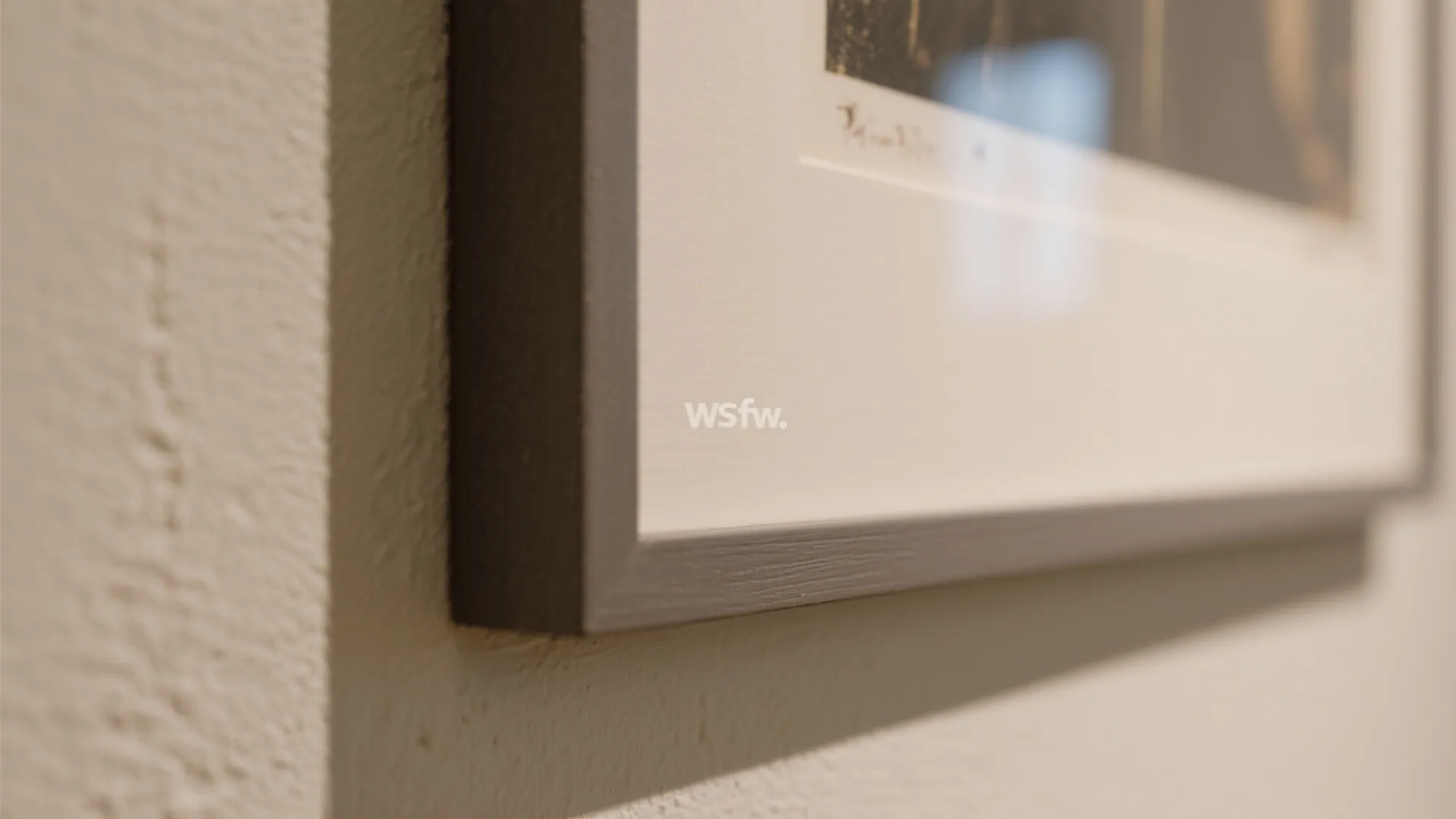 Close up view of a simple black picture frame hanging on a textured white wall surface