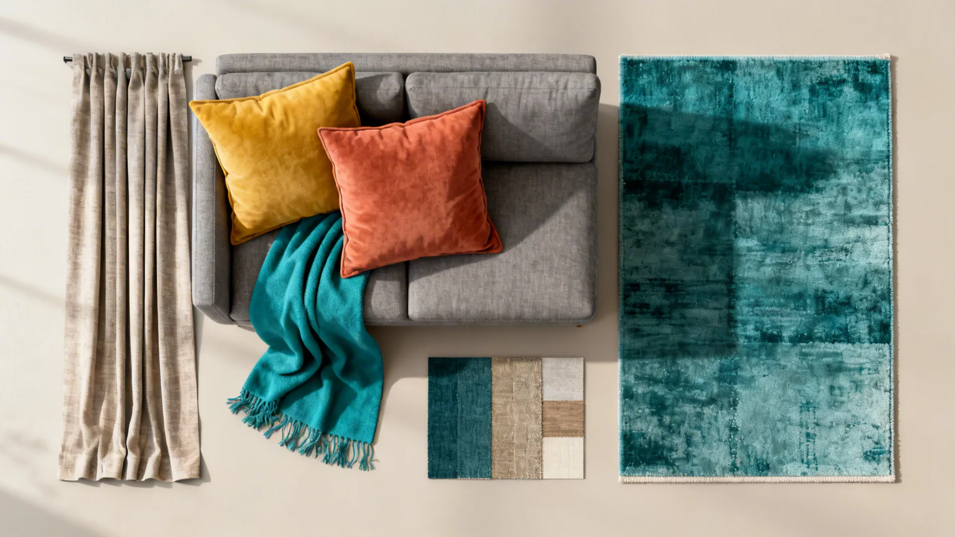 Top-down flatlay of mustard, terracotta and teal cushions and rug swatches for styling a grey sofa.