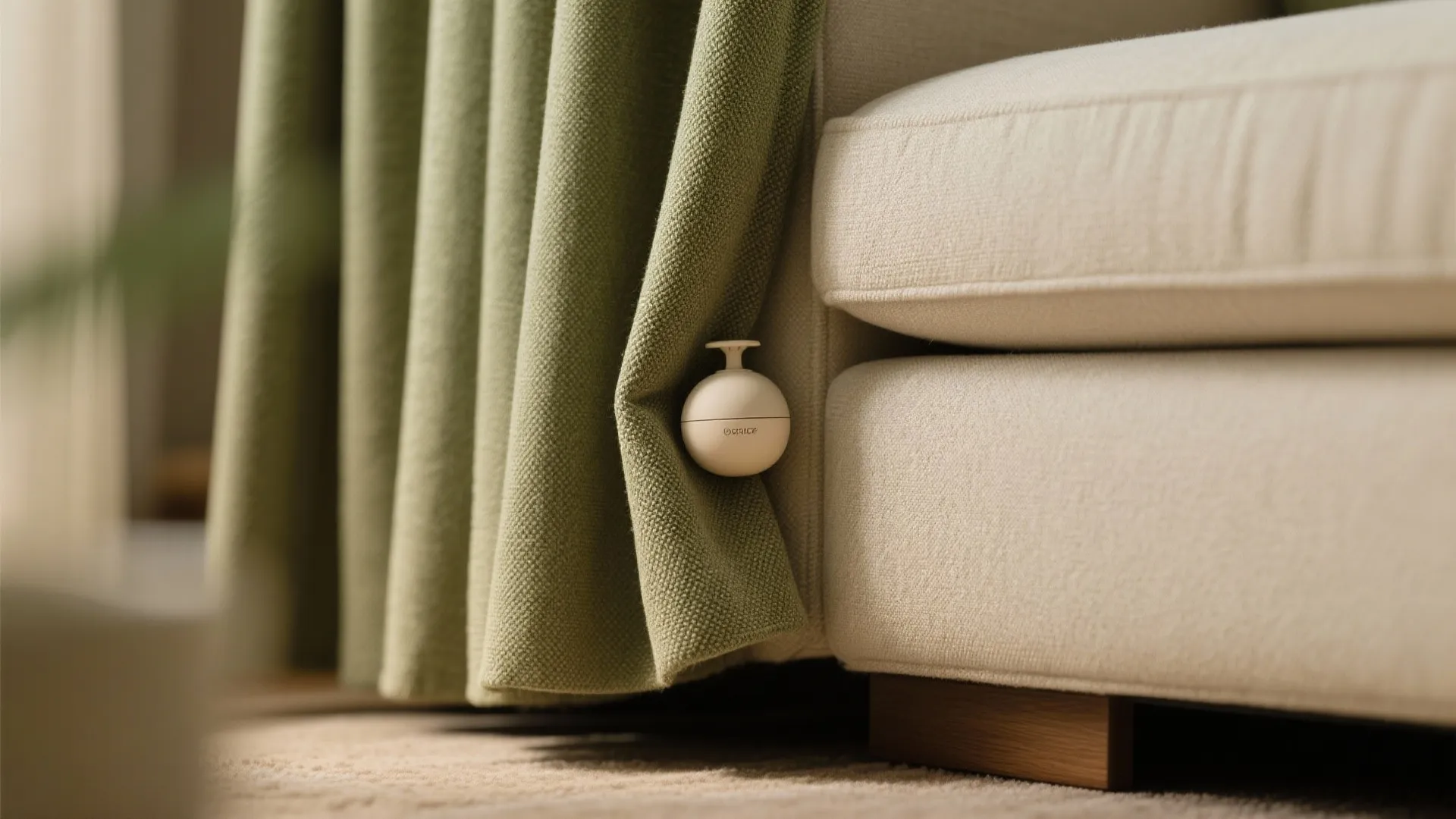 Macro view of a fragrance pod tucked behind a curtain fold and near a couch base to refresh soft furnishings subtly.