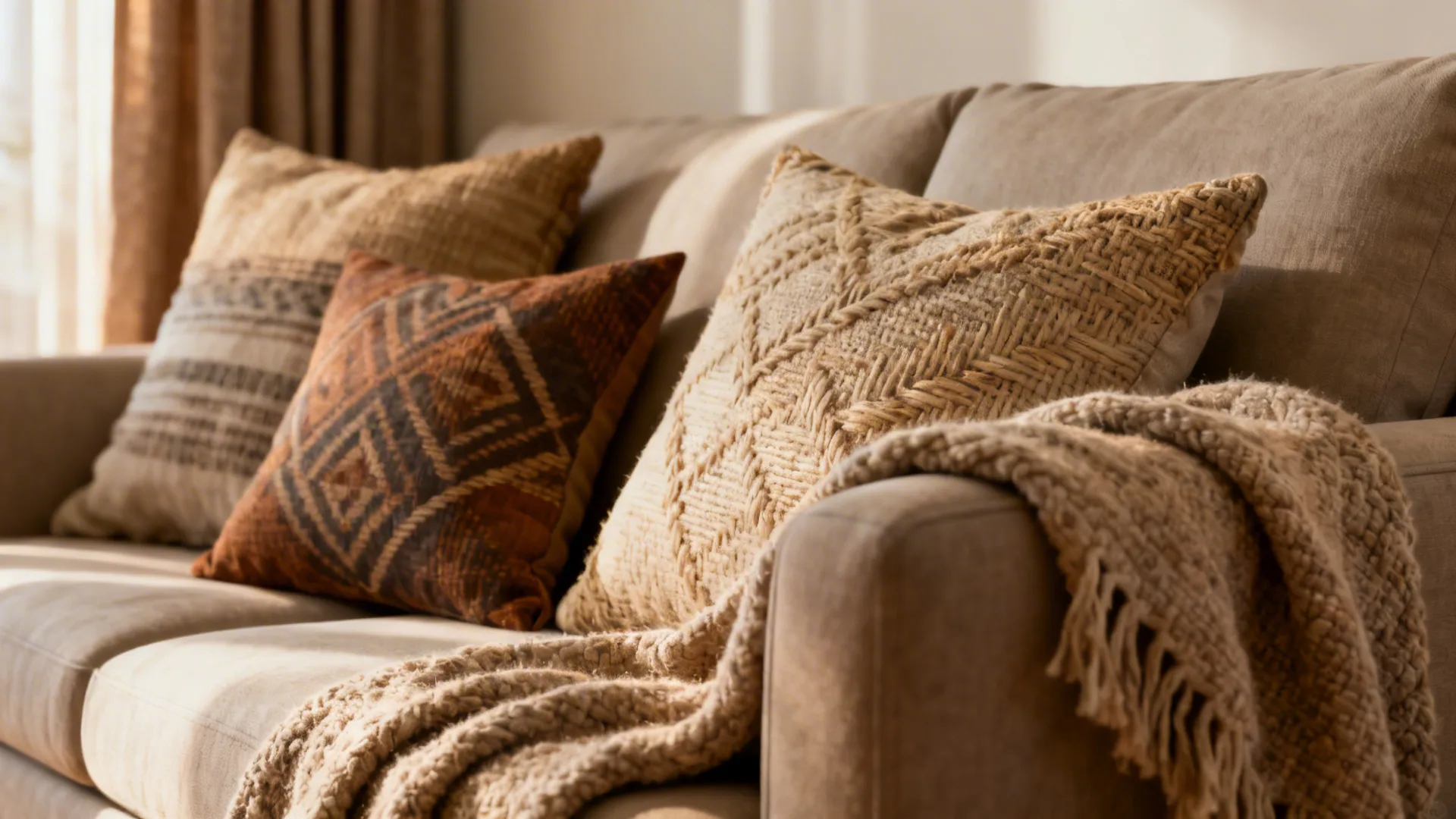 Close up of decorative pillows and knitted blanket on a beige sofa in natural sunlight