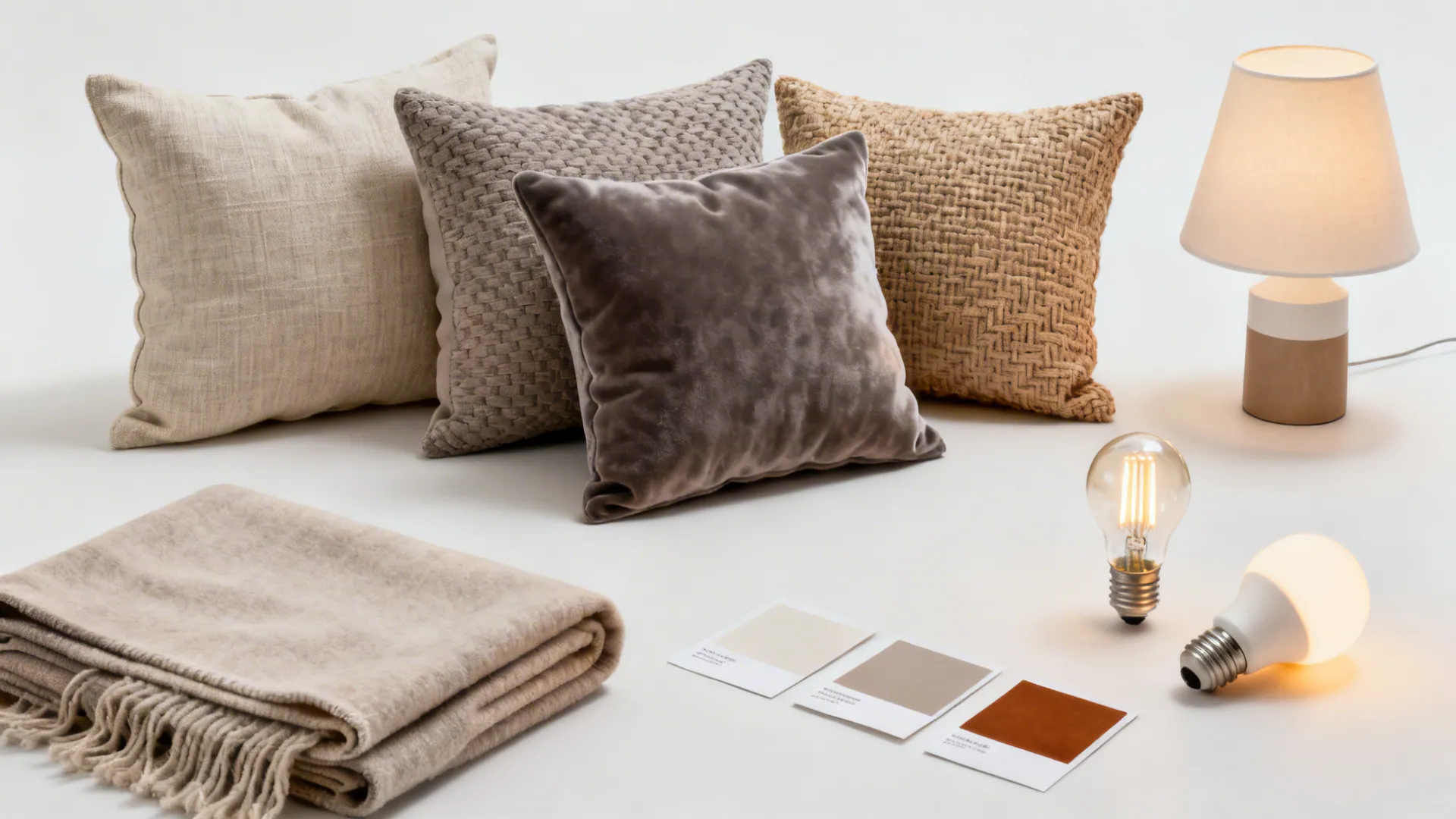 Flatlay of cushions, throw, lamp shade, and color swatches for a living room refresh.