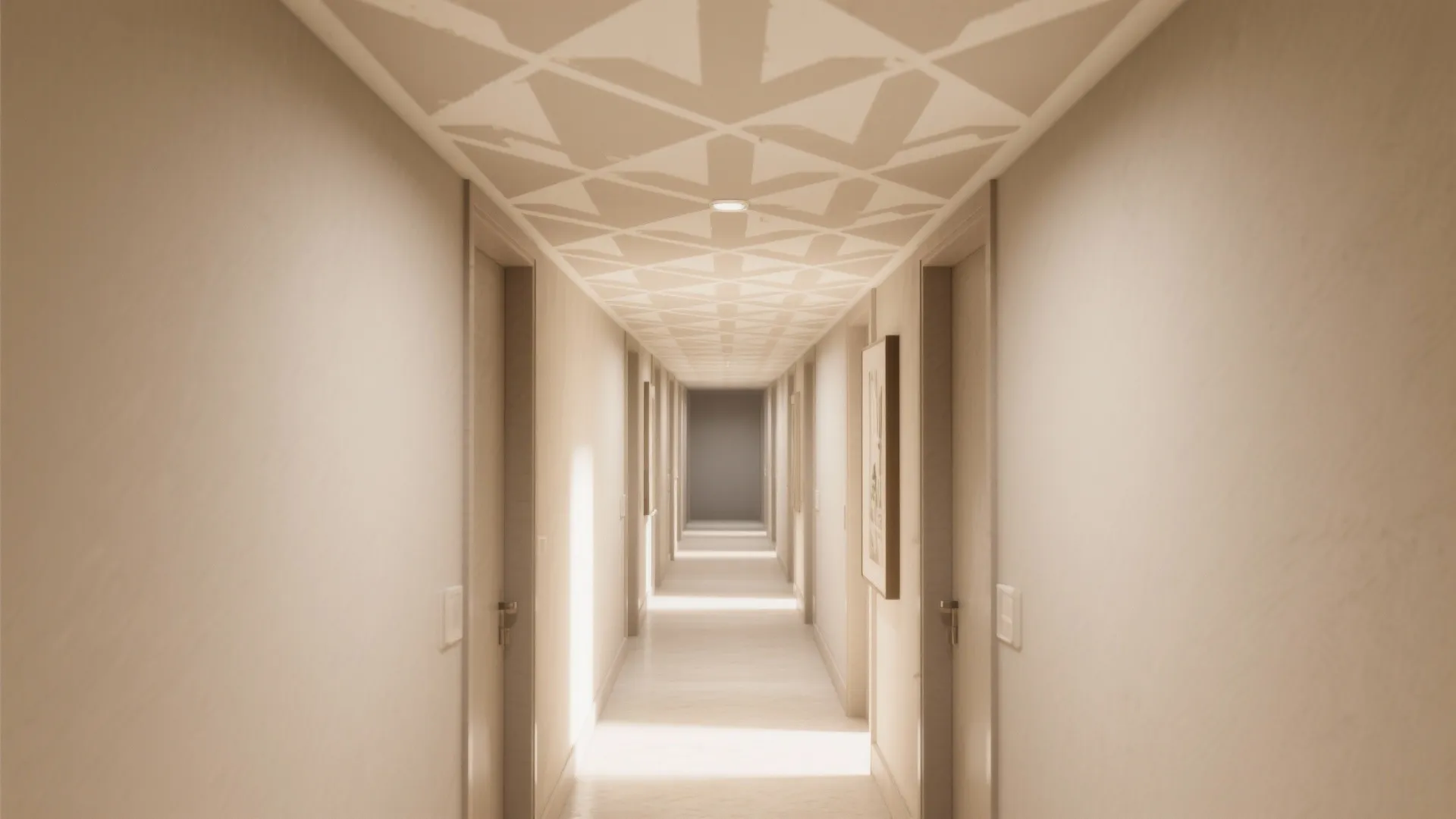 Long bright hallway with light wood floors many wooden doors and geometric pattern on ceiling