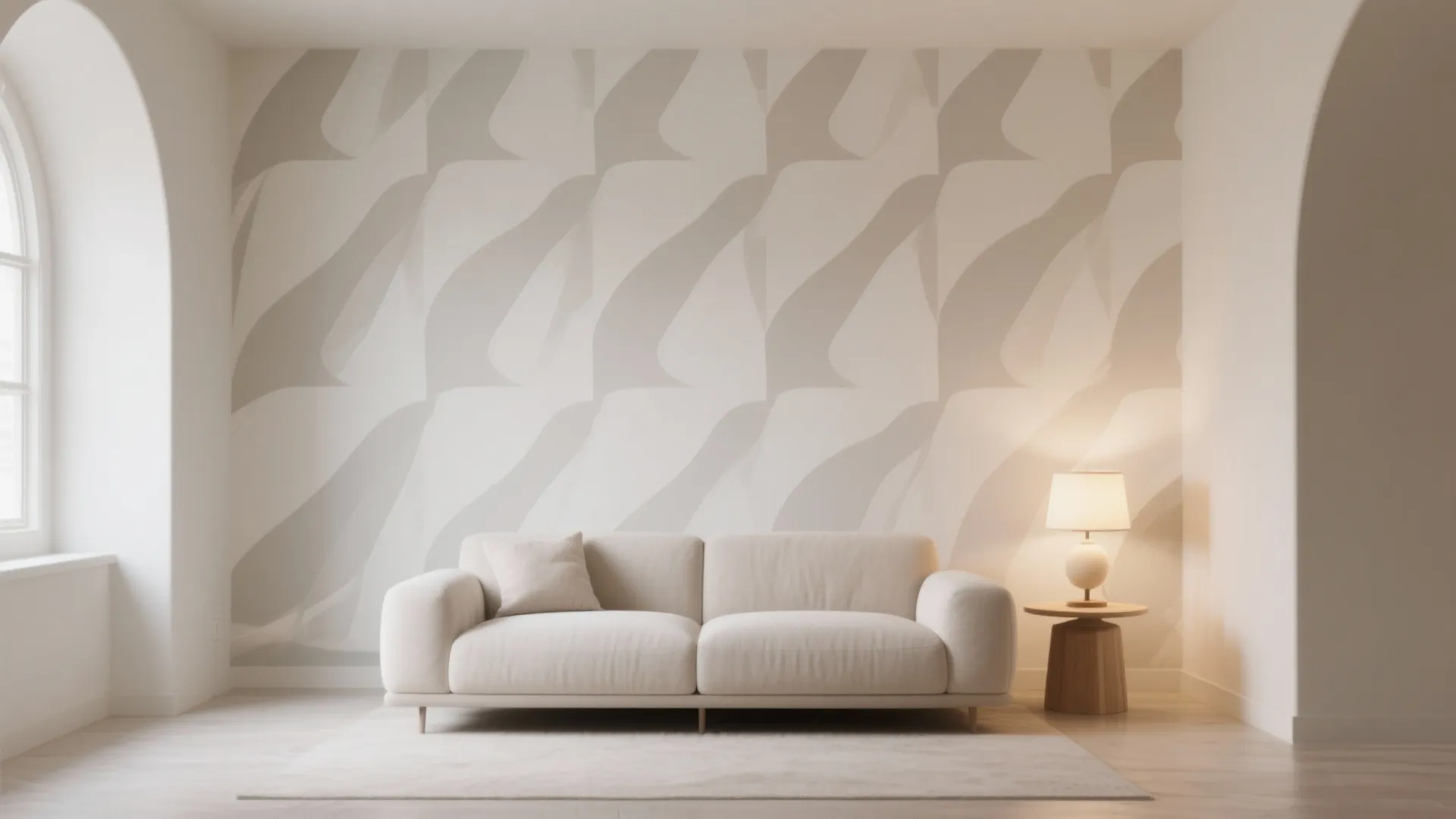 Modern cream sofa in front of patterned wall with side table table light and window