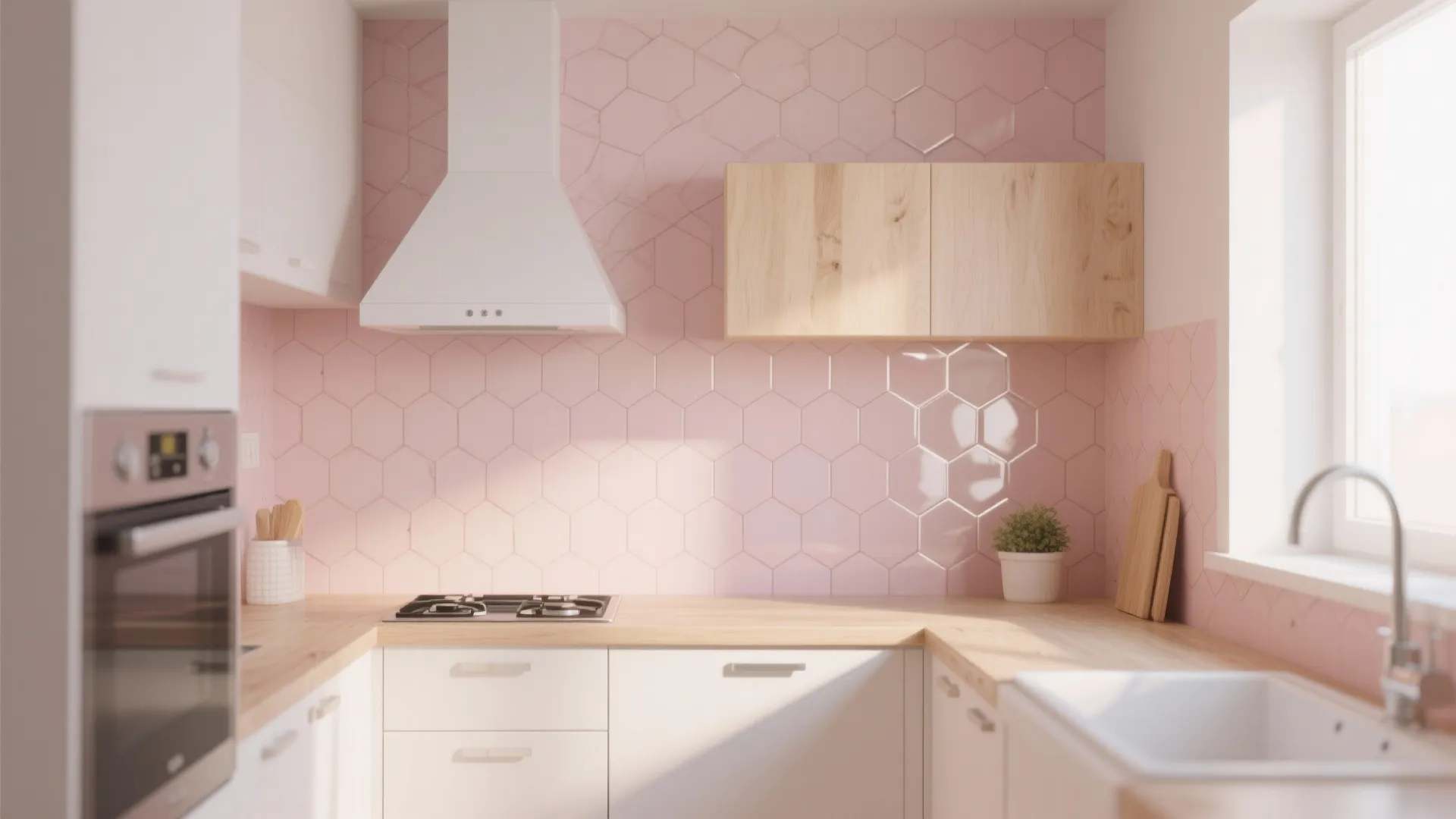 Modern kitchen with pink hexagon wall tiles, white cabinets, wood countertop, and white range hood