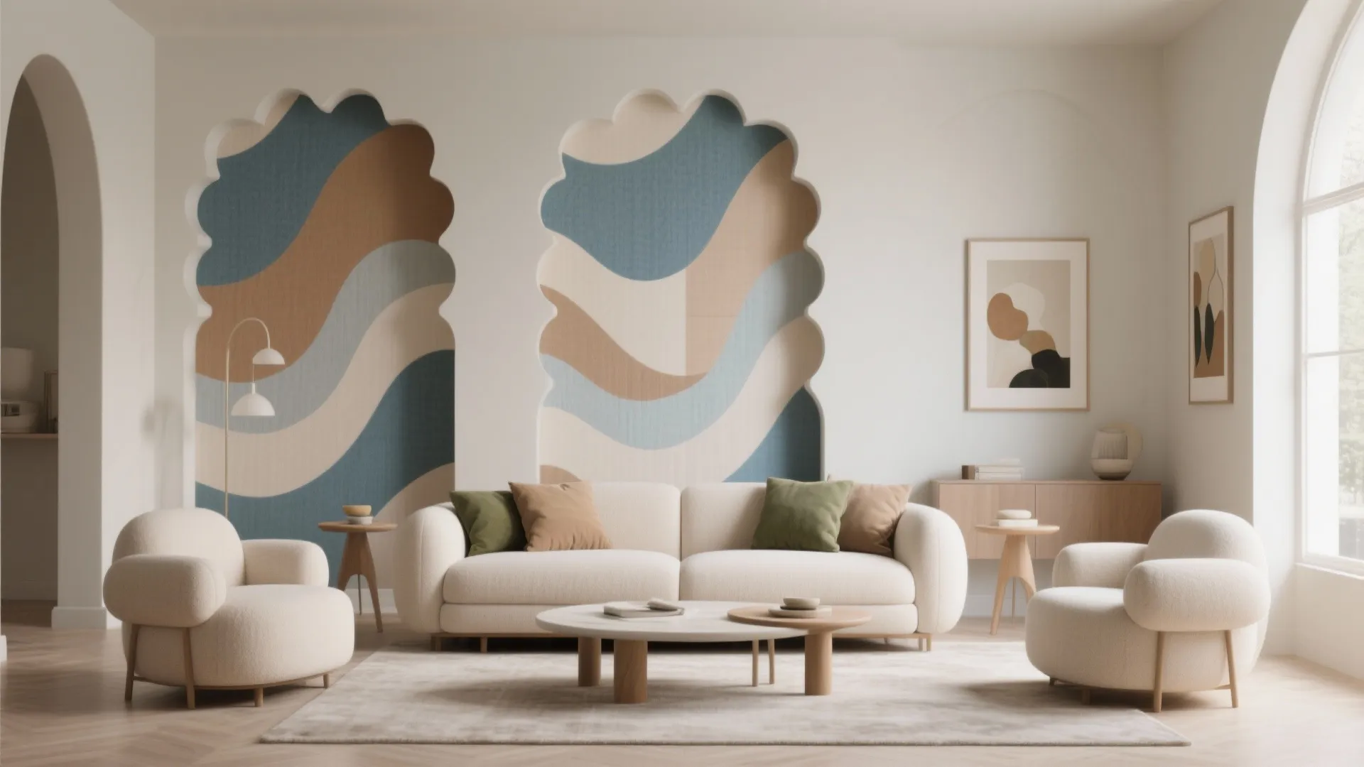 Modern living room featuring curved wall niches with colorful wavy patterns and white round chairs